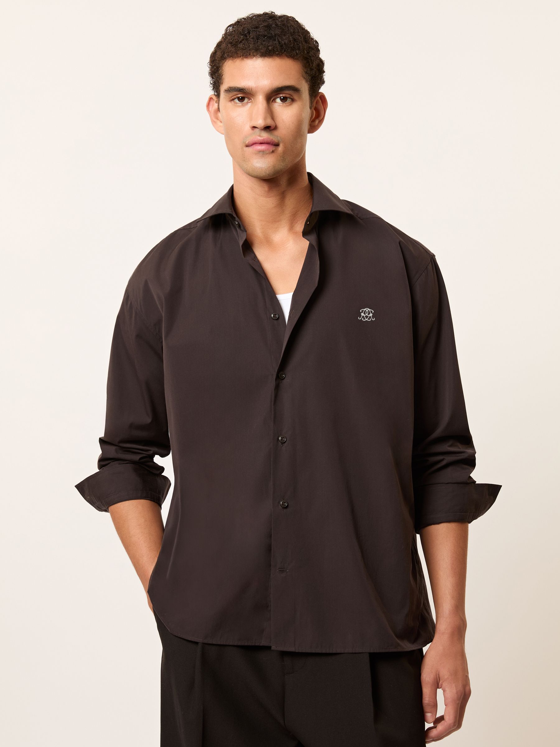 Monogram Cotton Oversized Shirt in Chocolate Brown - Image 4 of 6