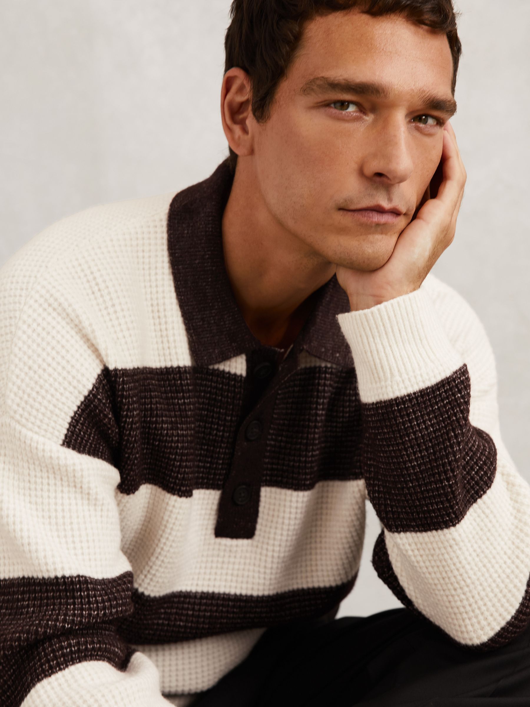 Waffle-knit Stripe Half-button Jumper With Wool