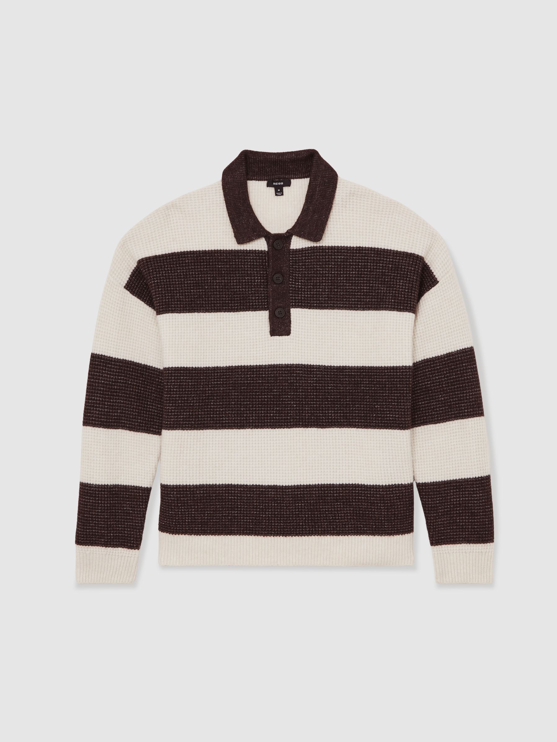 Waffle-Knit Stripe Half-Button Jumper with Wool in Chocolate Brown/Off White - Image 2 of 7
