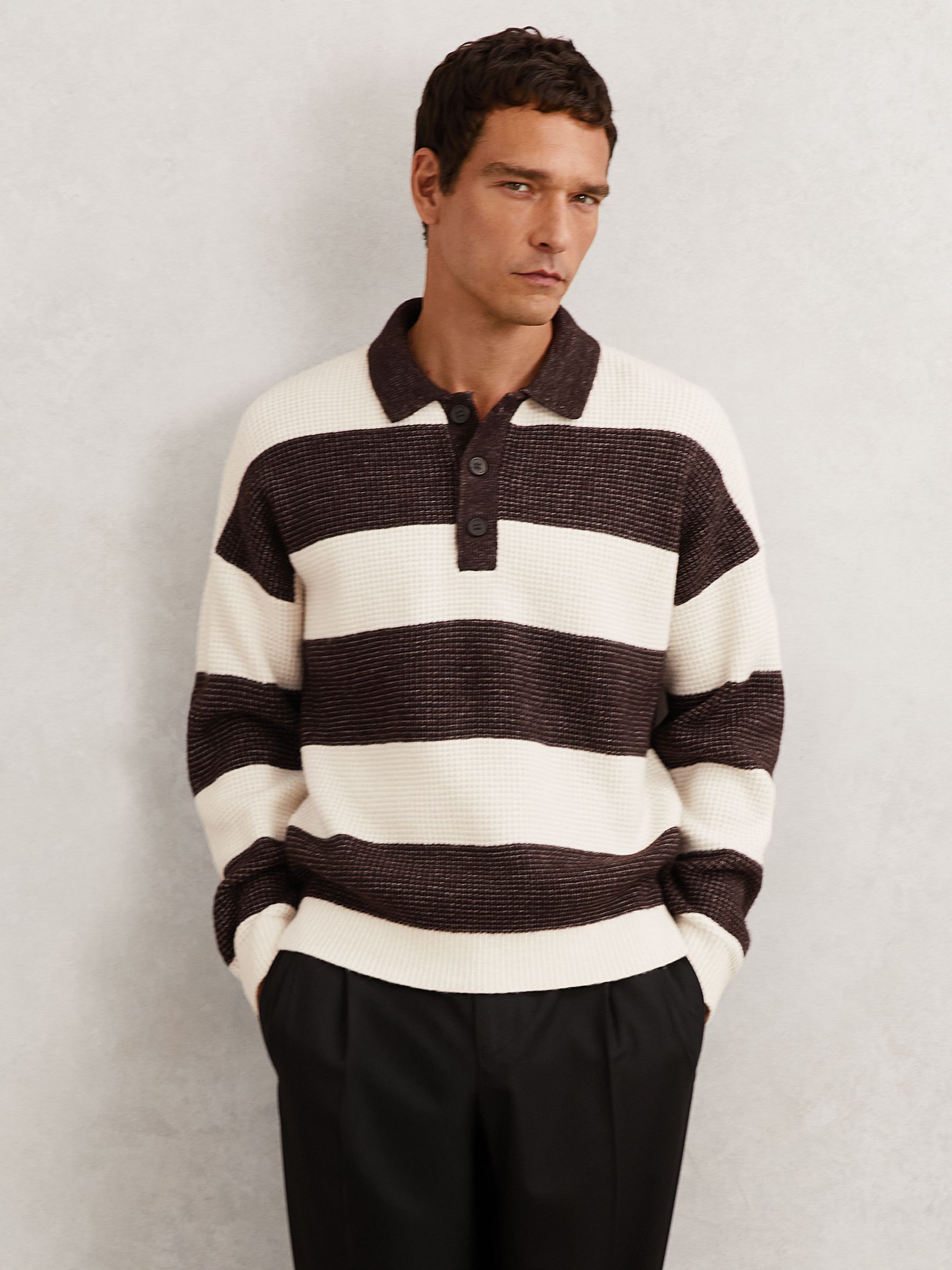 Waffle-Knit Stripe Half-Button Jumper with Wool in Chocolate Brown/Off White - Image 3 of 7