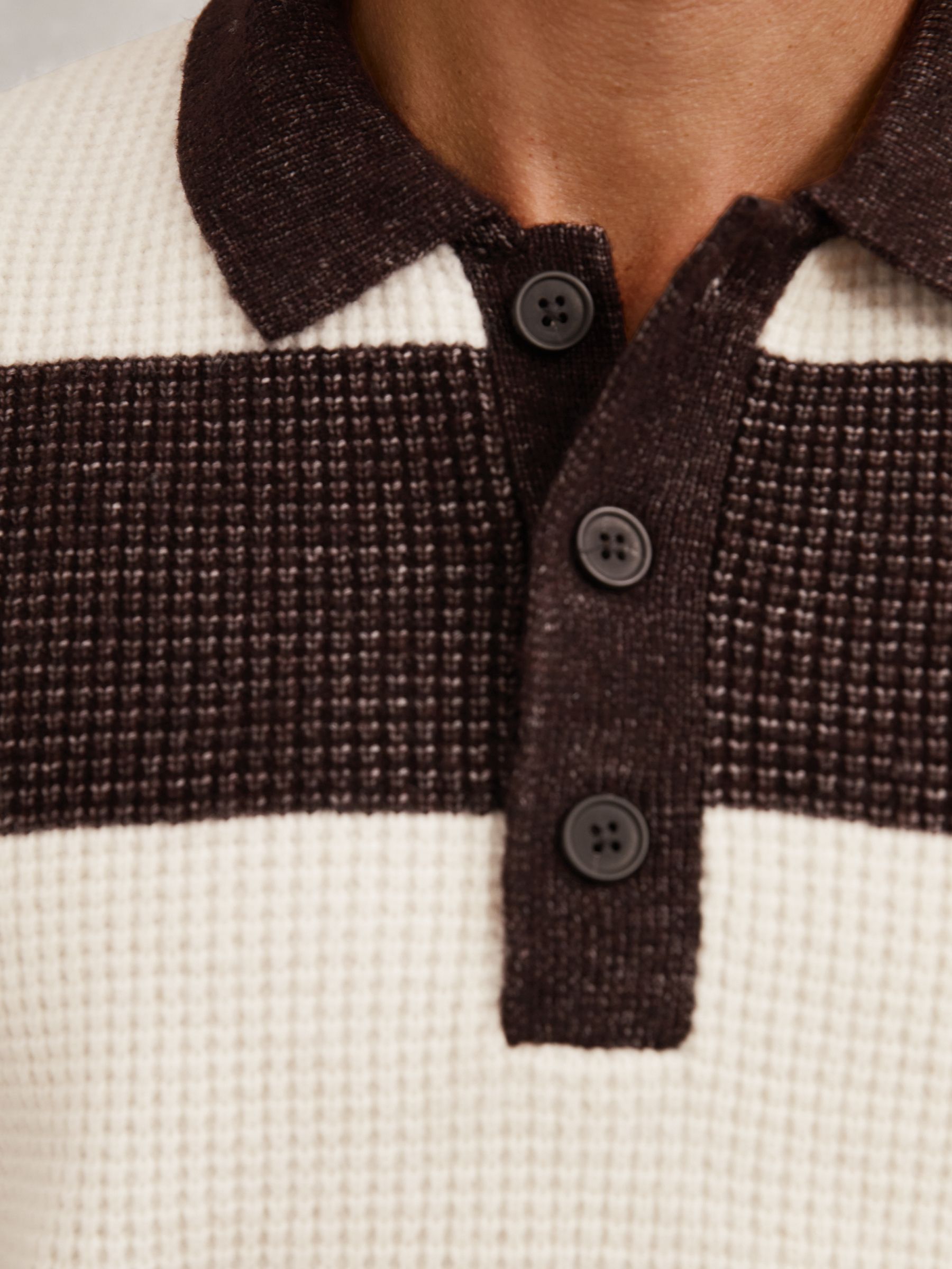 Waffle-Knit Stripe Half-Button Jumper with Wool in Chocolate Brown/Off White - Image 4 of 7