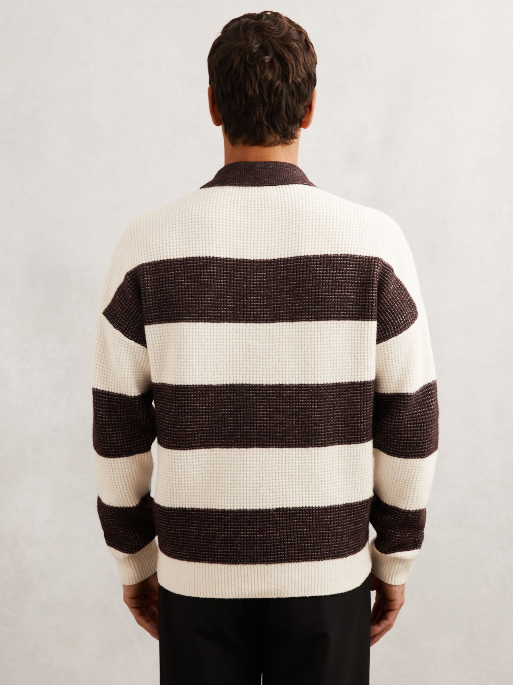 Waffle-Knit Stripe Half-Button Jumper with Wool in Chocolate Brown/Off White - Image 5 of 7
