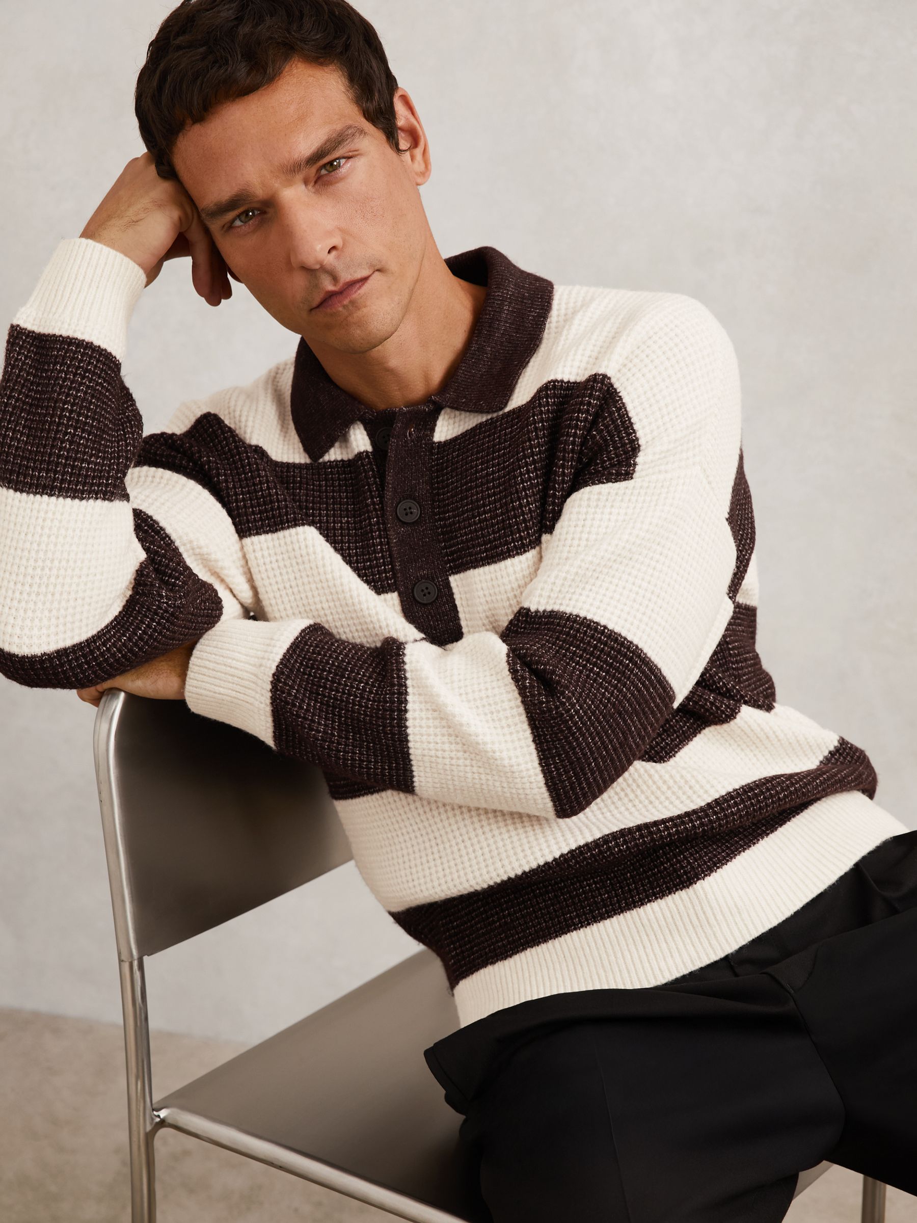 Waffle-Knit Stripe Half-Button Jumper with Wool in Chocolate Brown/Off White - Image 6 of 7