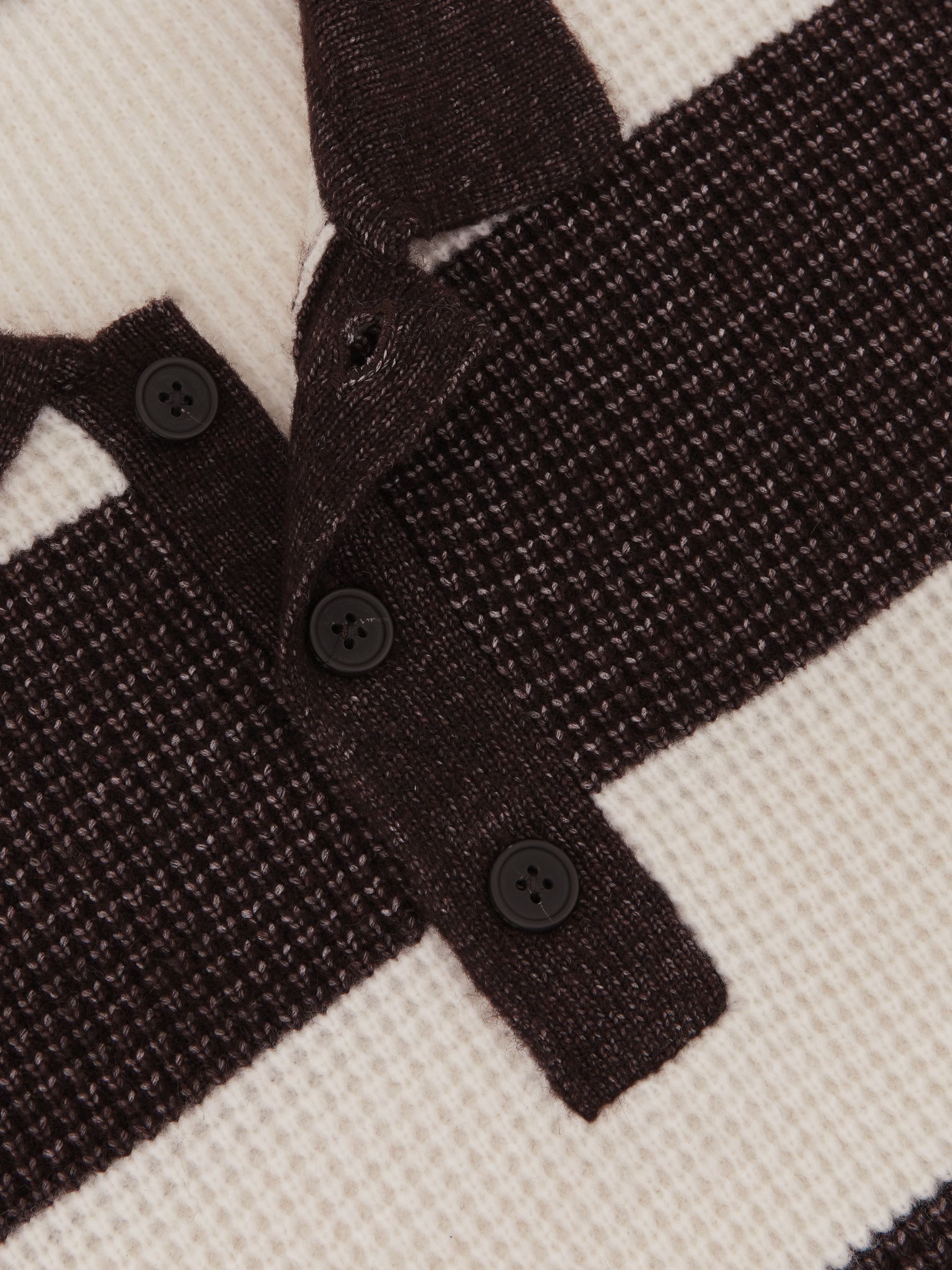 Waffle-Knit Stripe Half-Button Jumper with Wool in Chocolate Brown/Off White - Image 7 of 7