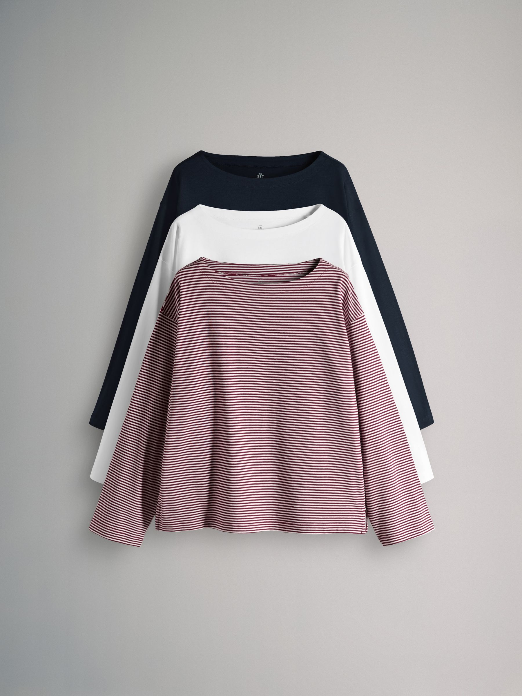 Navy/White/Stripe 3 Pack Boat Neck Heavyweight T-Shirts - Image 1 of 6