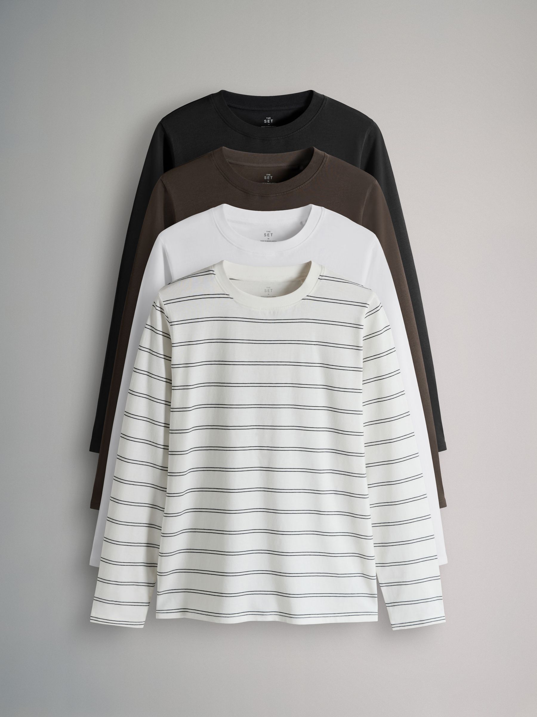 4 Pack 100% Cotton Relaxed Long Sleeve T-Shirts Black/Chocolate Brown/Stripe/White Slim Fit - Image 1 of 6