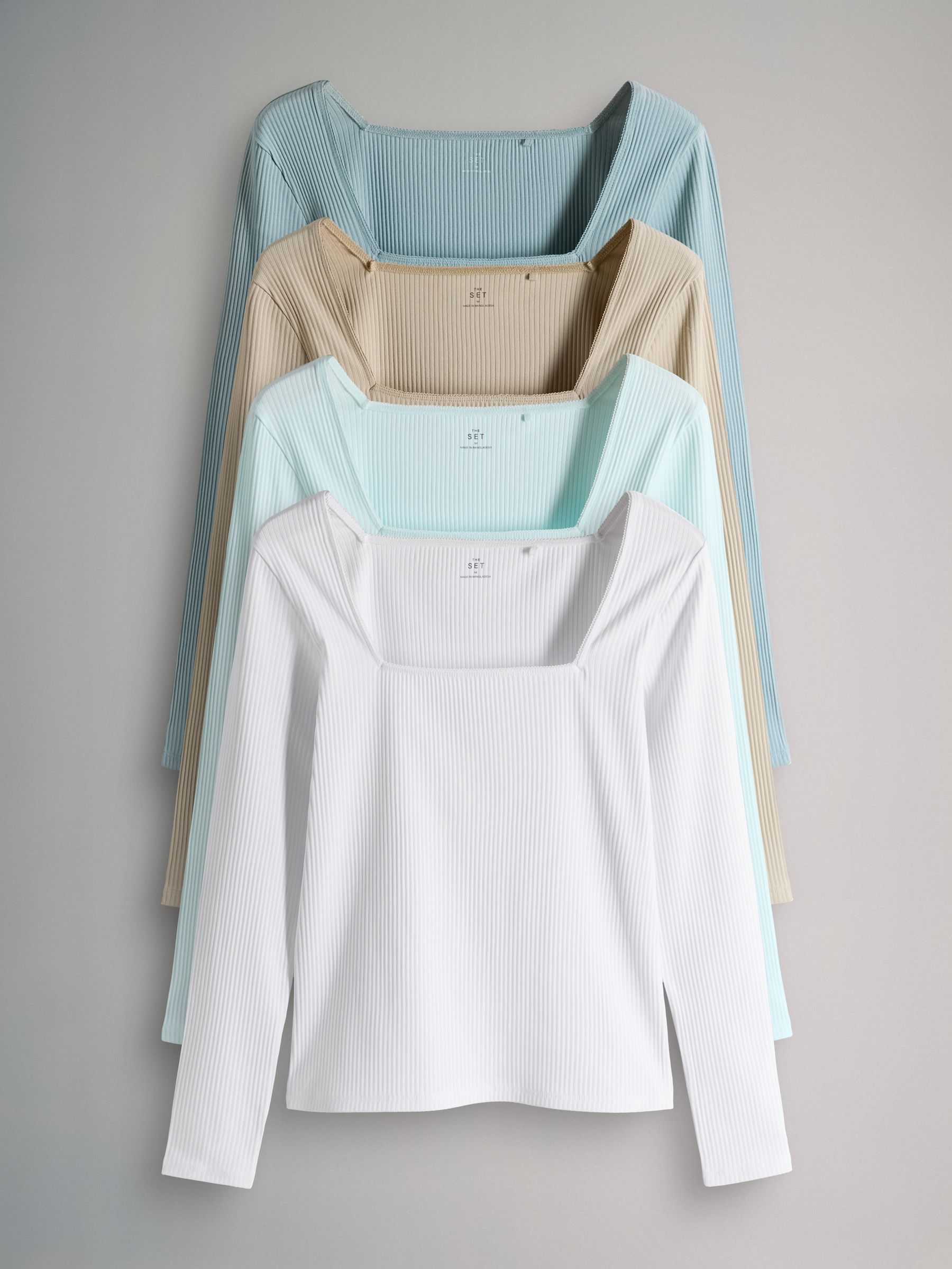 Blue/Light Blue/Stone Brown/White 4 Pack Trim Square Neck Ribbed Tops - Image 1 of 6