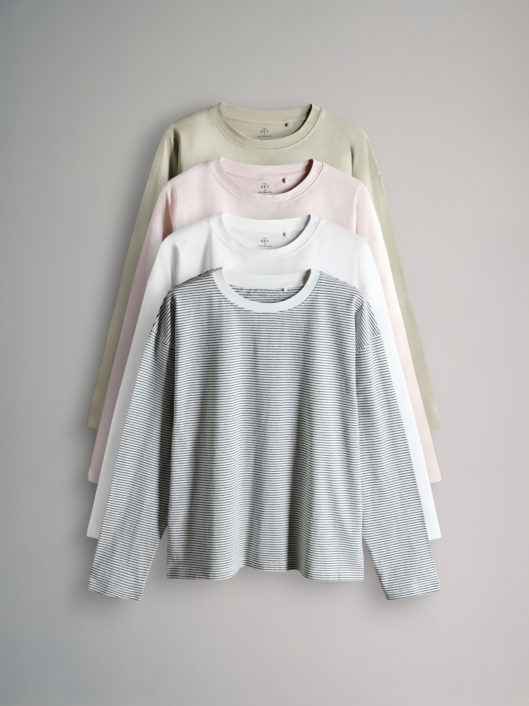 4 Pack 100% Cotton Relaxed Long Sleeve T-Shirts Light Green/Pink/White/Stripe Relaxed Fit - Image 1 of 6