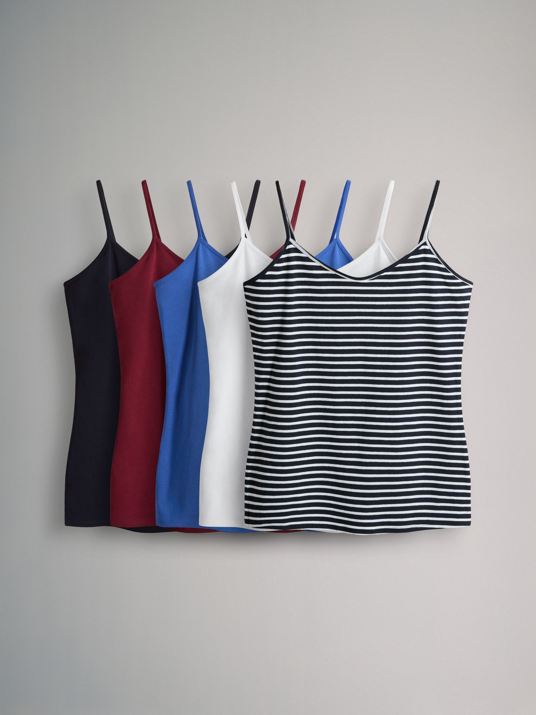 5 Pack Thin Strap Vest Tops Navy/Red/White/Blue/Stripe - Image 1 of 6