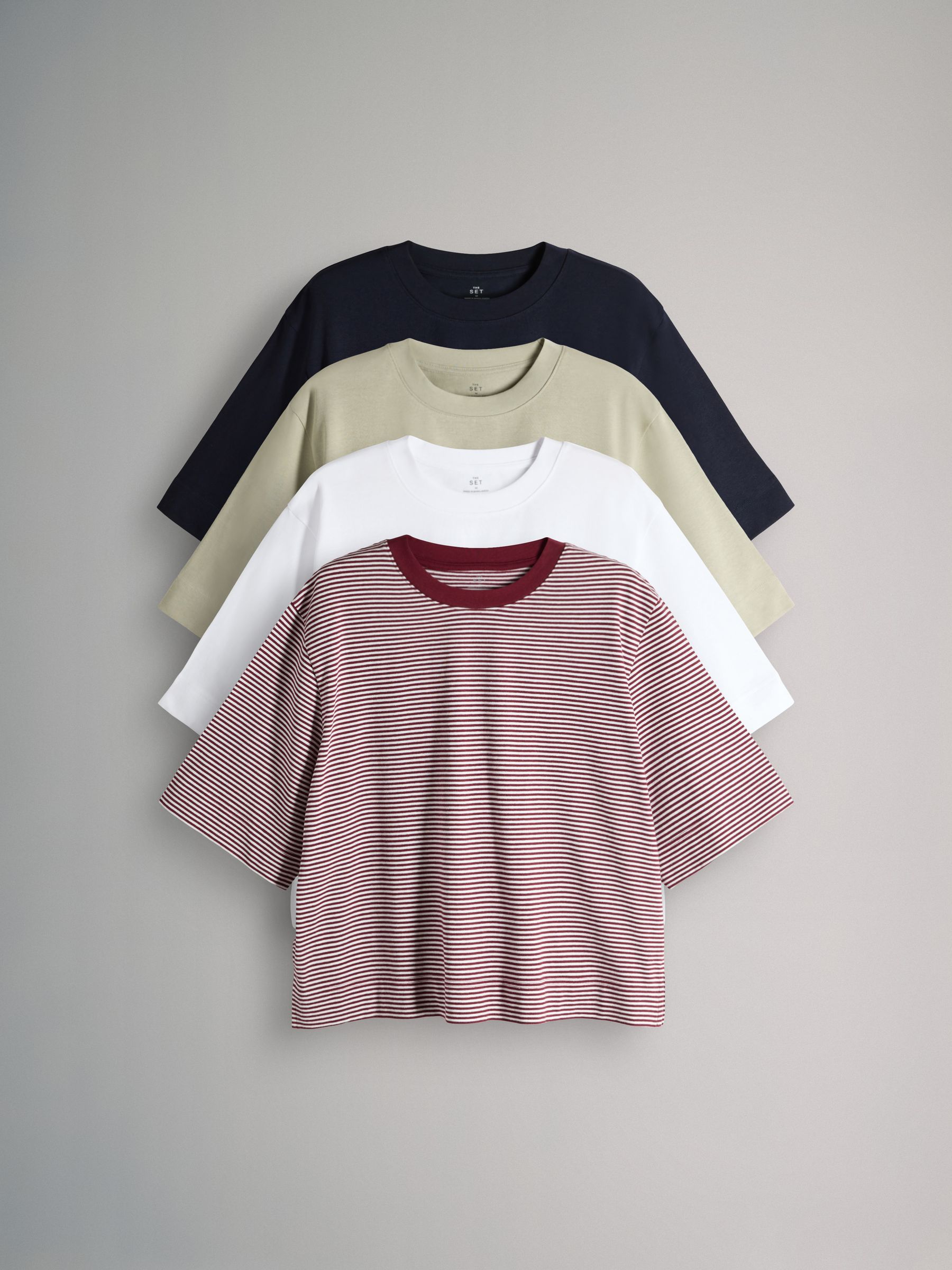 Navy/Light Green/White/Red Stripe 4 Pack Heavyweight Relaxed Short Sleeve T-Shirts - Image 1 of 6