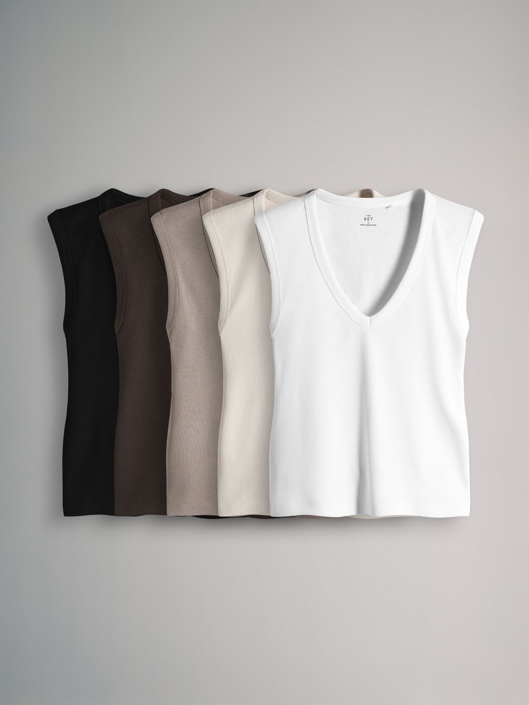 5 Pack Deep V-Neck Ribbed Vest Black/Brown/White/Cream - Image 1 of 6
