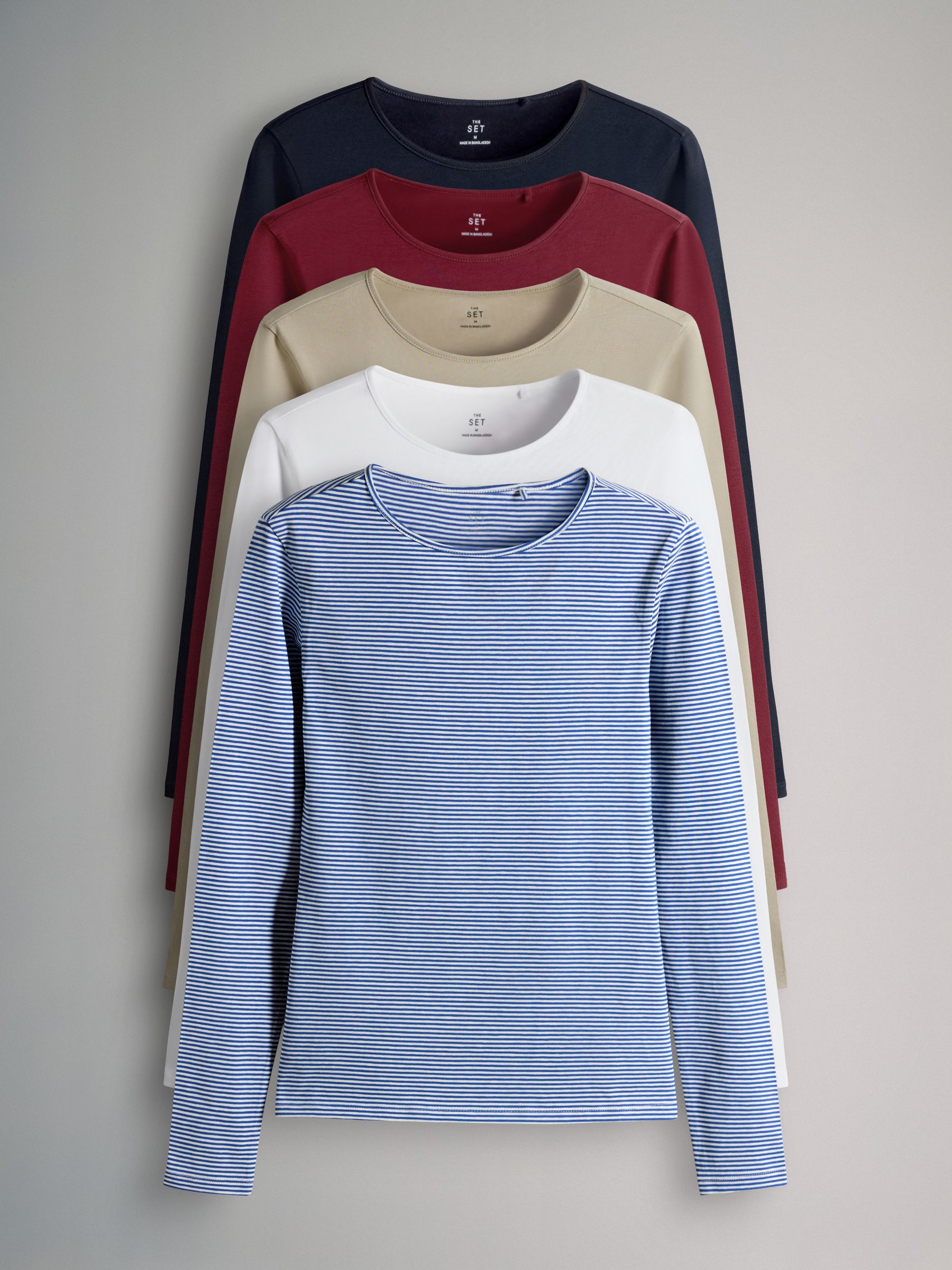 5 Pack Long Sleeve Crew Neck Fitted Tops Navy/Light Blue Stripe/Red/Stone Brown/White - Image 1 of 6