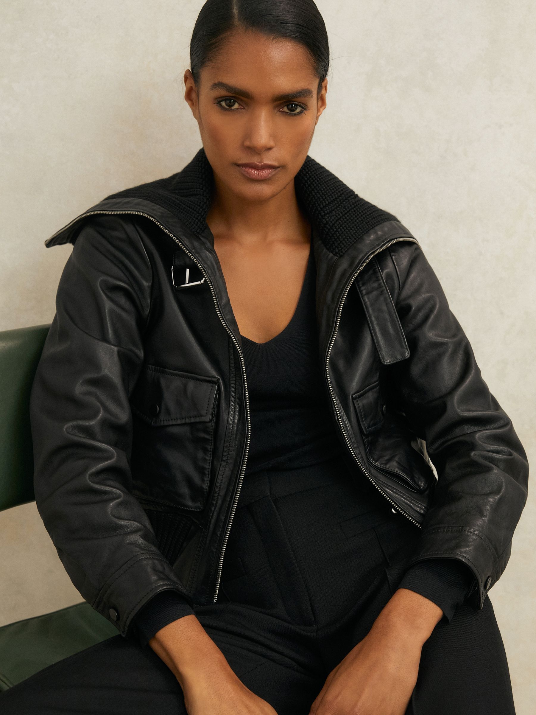 Atelier Leather Rib-Trim Jacket in Black - Image 1 of 9