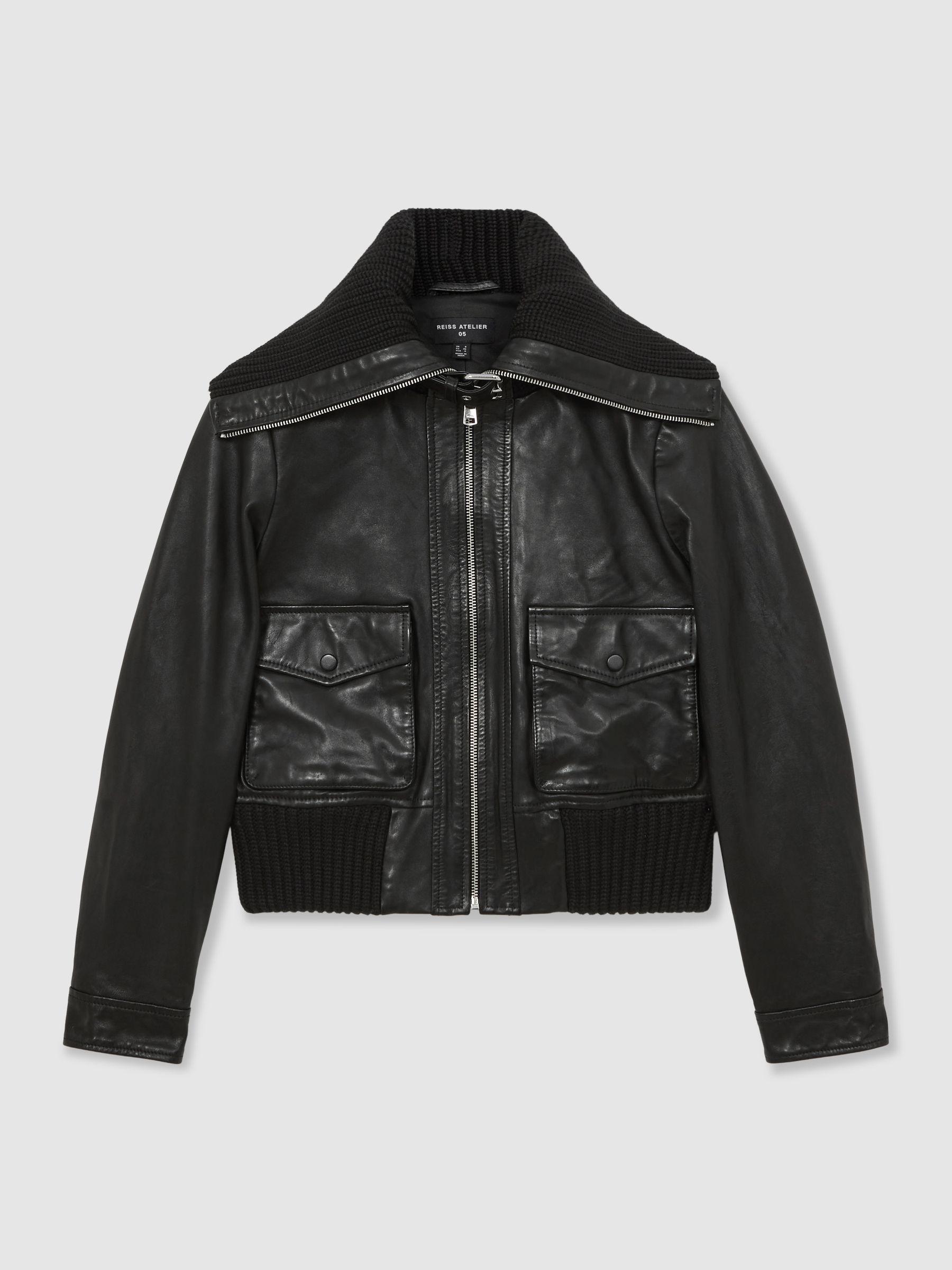 Atelier Leather Rib-Trim Jacket in Black - Image 2 of 9