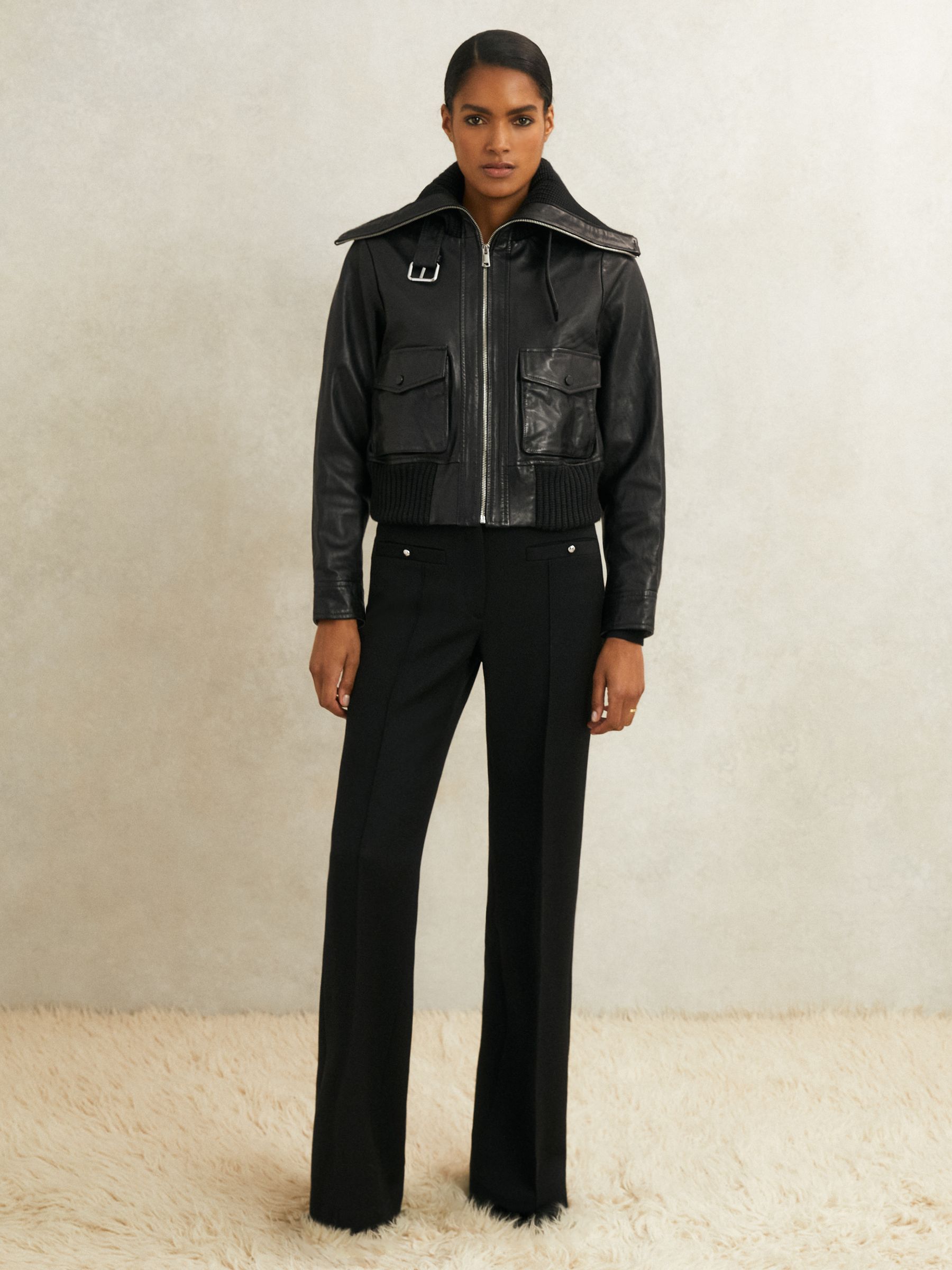 Atelier Leather Rib-Trim Jacket in Black - Image 3 of 9