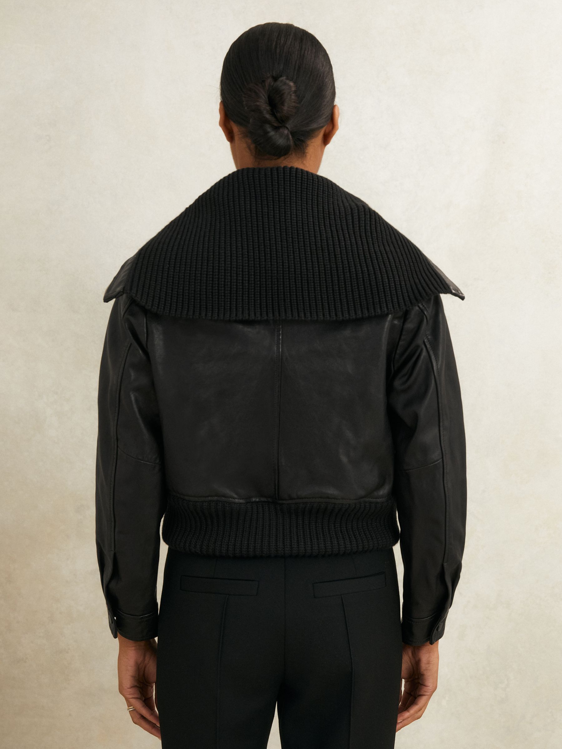 Reiss Atelier Leather Rib-Trim Jacket in Black | REISS