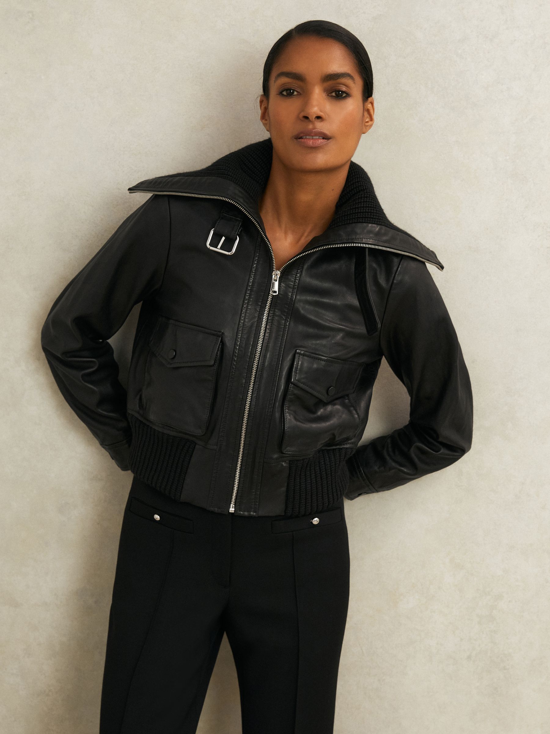 Atelier Leather Rib-Trim Jacket in Black - Image 7 of 9