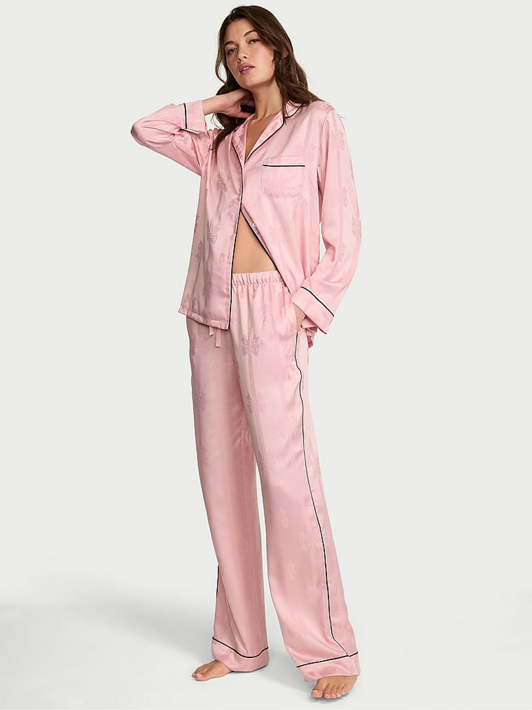 Dusk Pink Bow Satin Long Pyjamas Set - Image 1 of 2