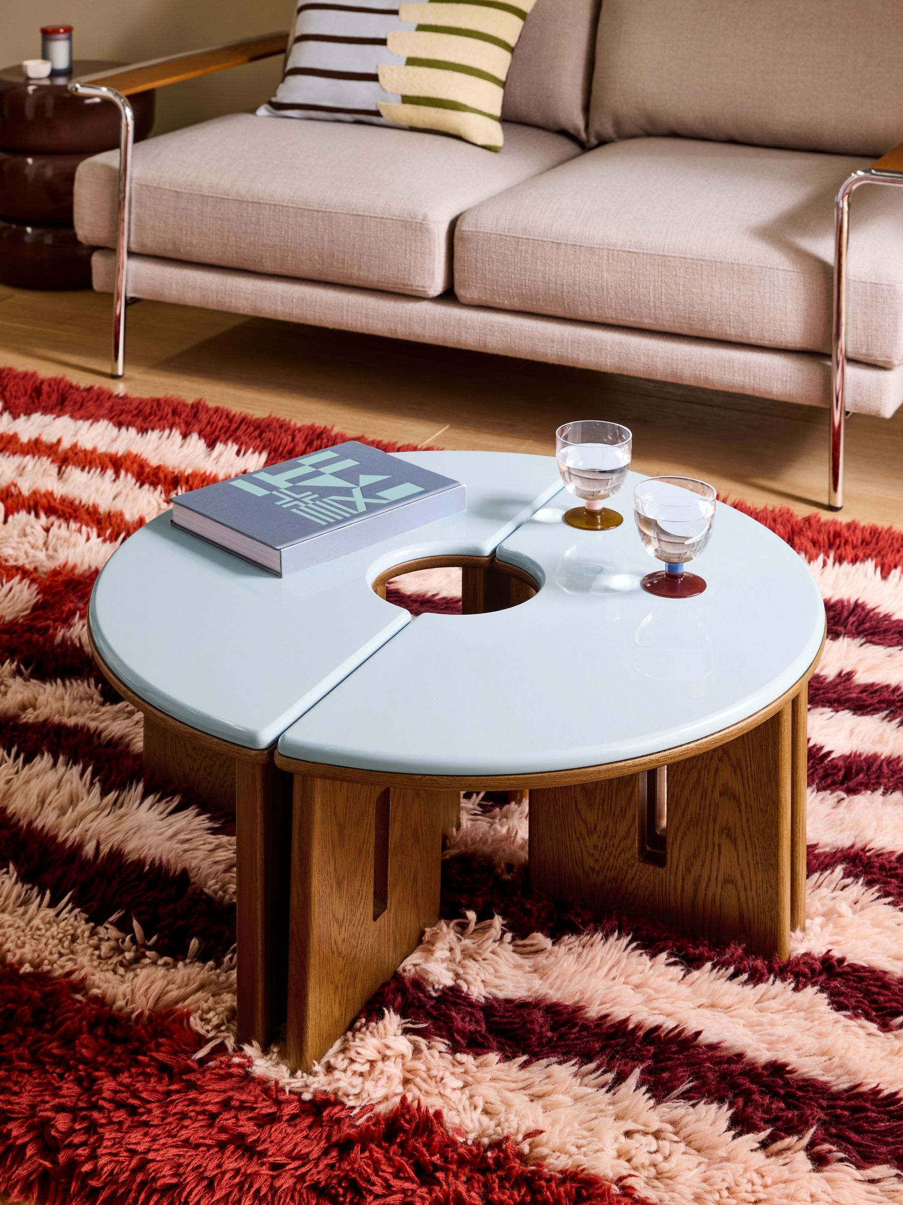 Plinth Round Set of 2 Coffee Tables in Blue Gloss and Oak - Image 1 of 7