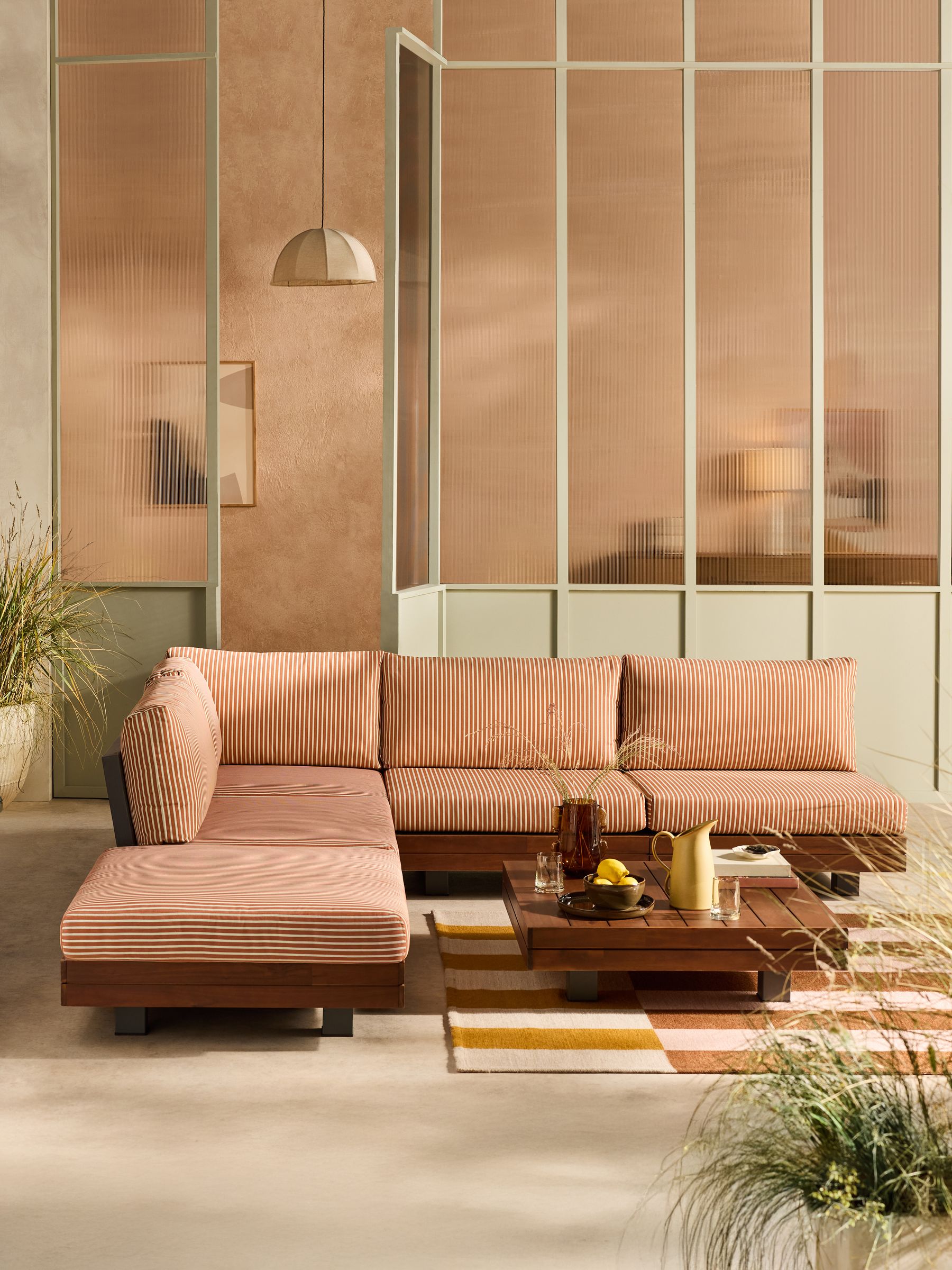 Avarna Garden Wood Corner Lounge Set in Green and Rust Stripe - Image 1 of 5