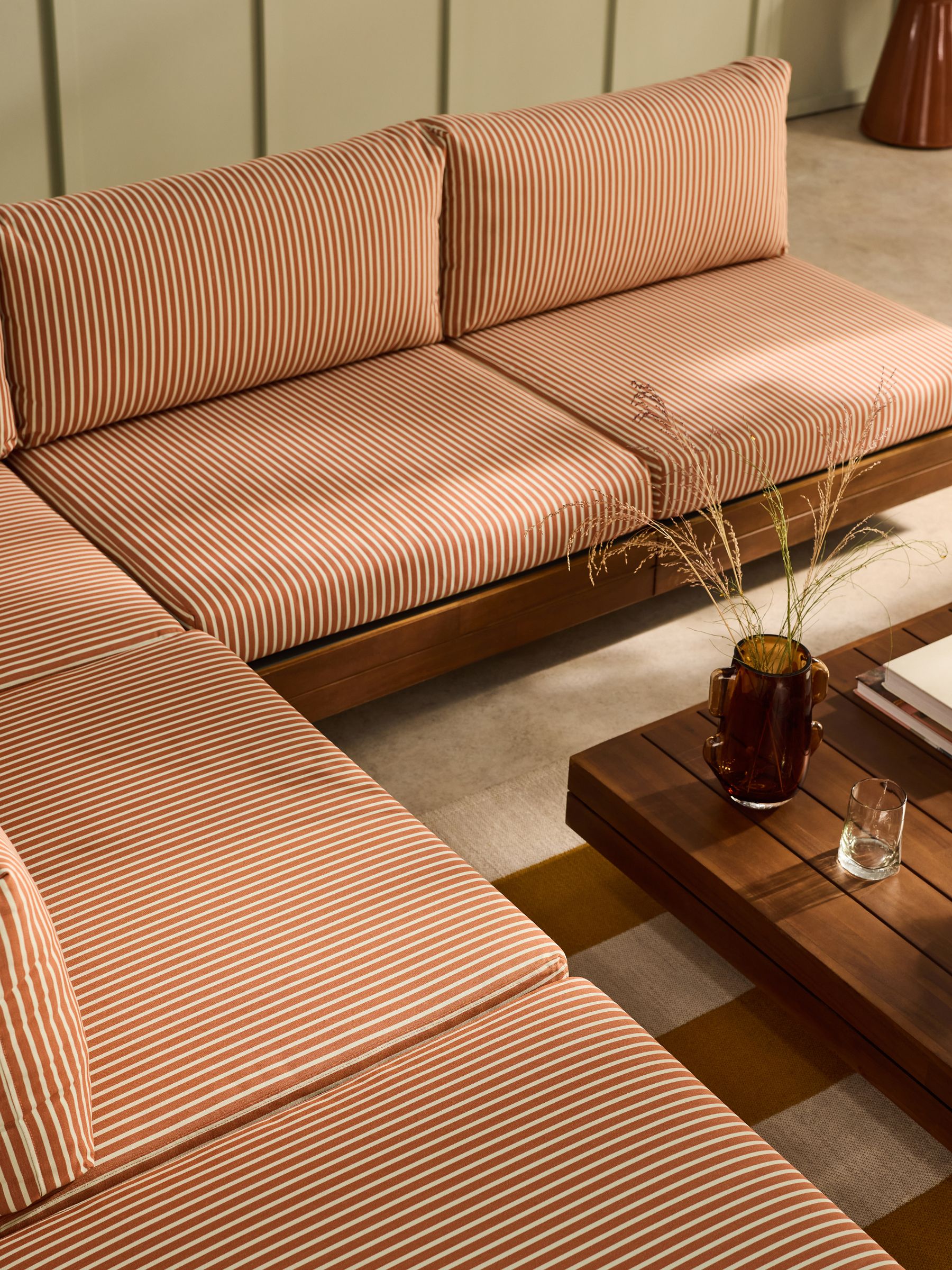 Avarna Garden Wood Corner Lounge Set in Green and Rust Stripe - Image 3 of 5