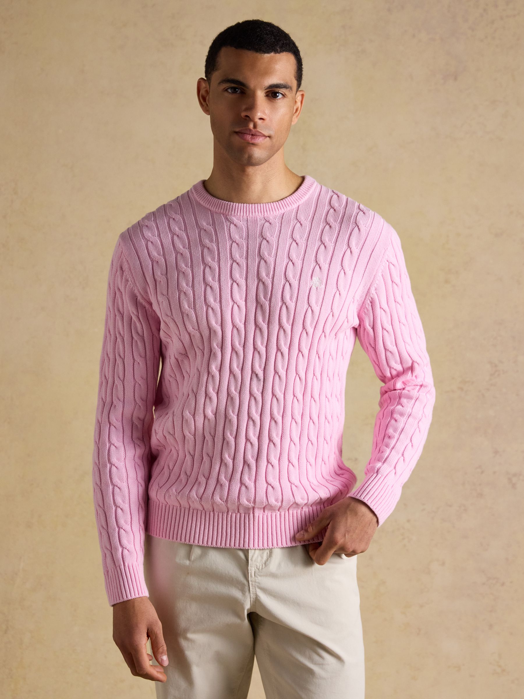 Pink Crew Neck Cotton Cable Knit Jumper | Joules