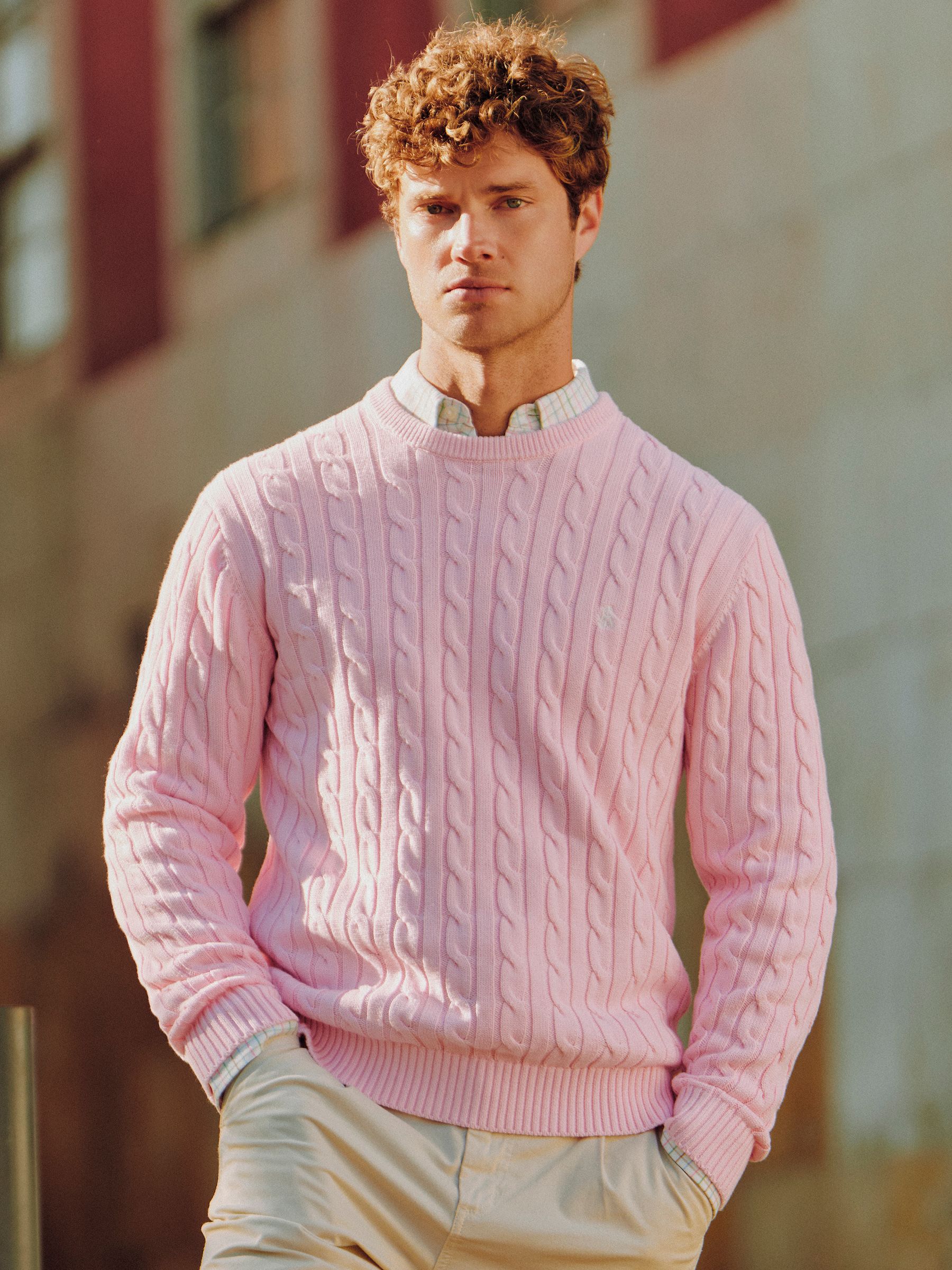 Pink Crew Neck Cotton Cable Knit Jumper | Joules
