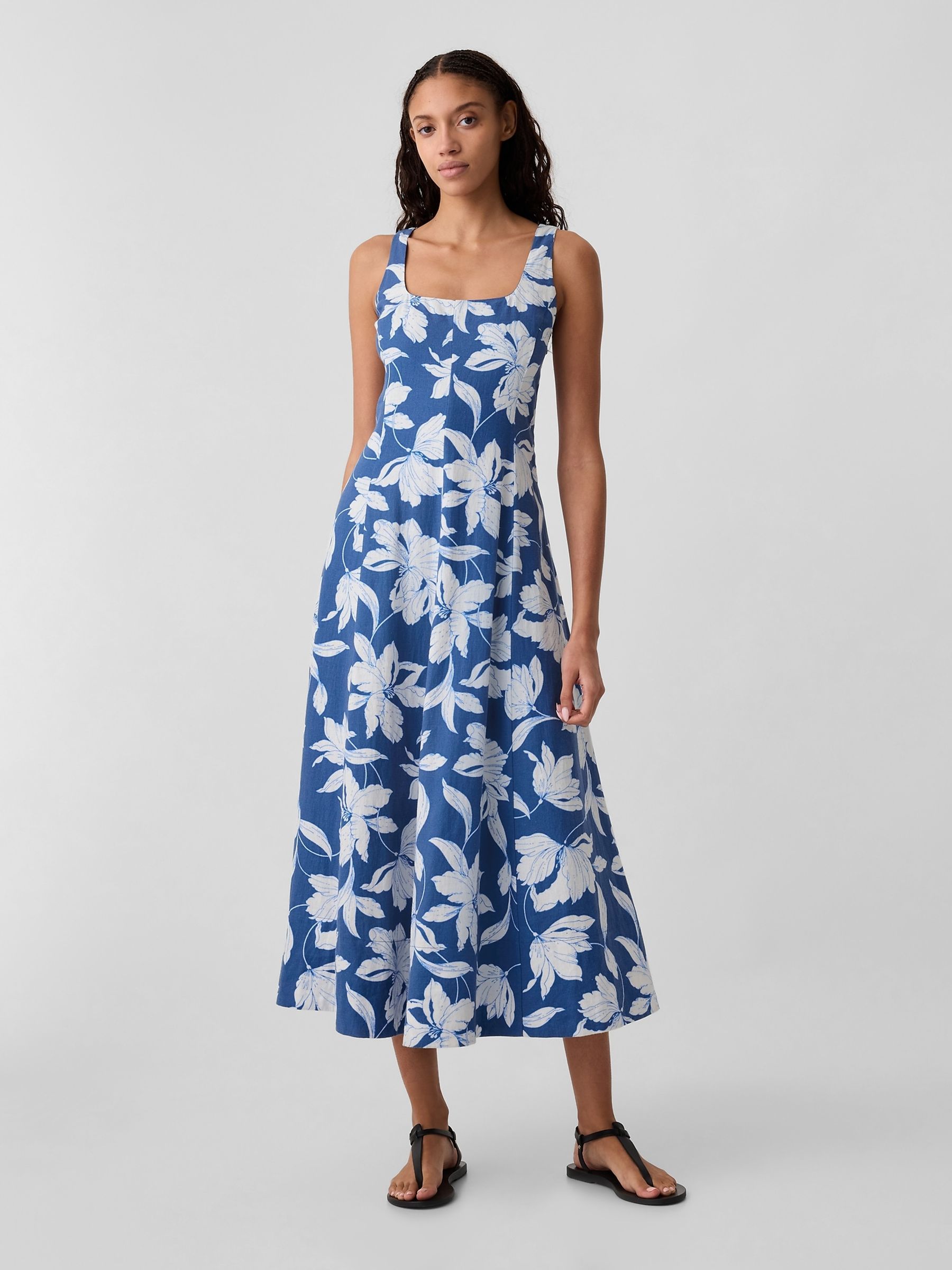 Blue Floral Linen Blend Square Neck Midi Dress | Gap