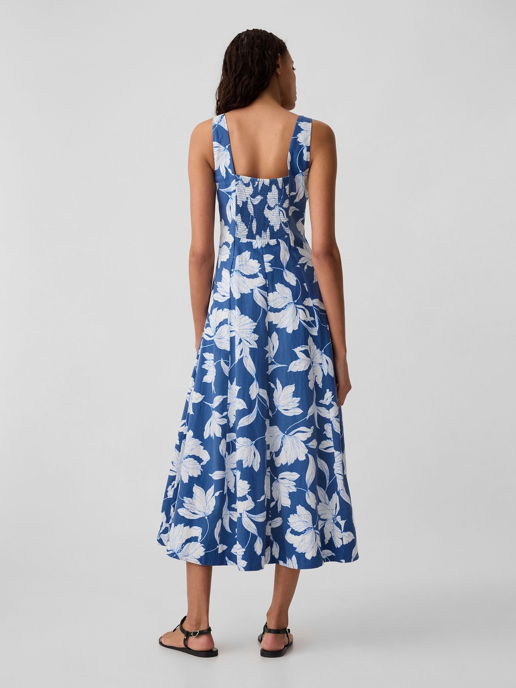 Blue Floral Linen Blend Square Neck Midi Dress - Image 2 of 5
