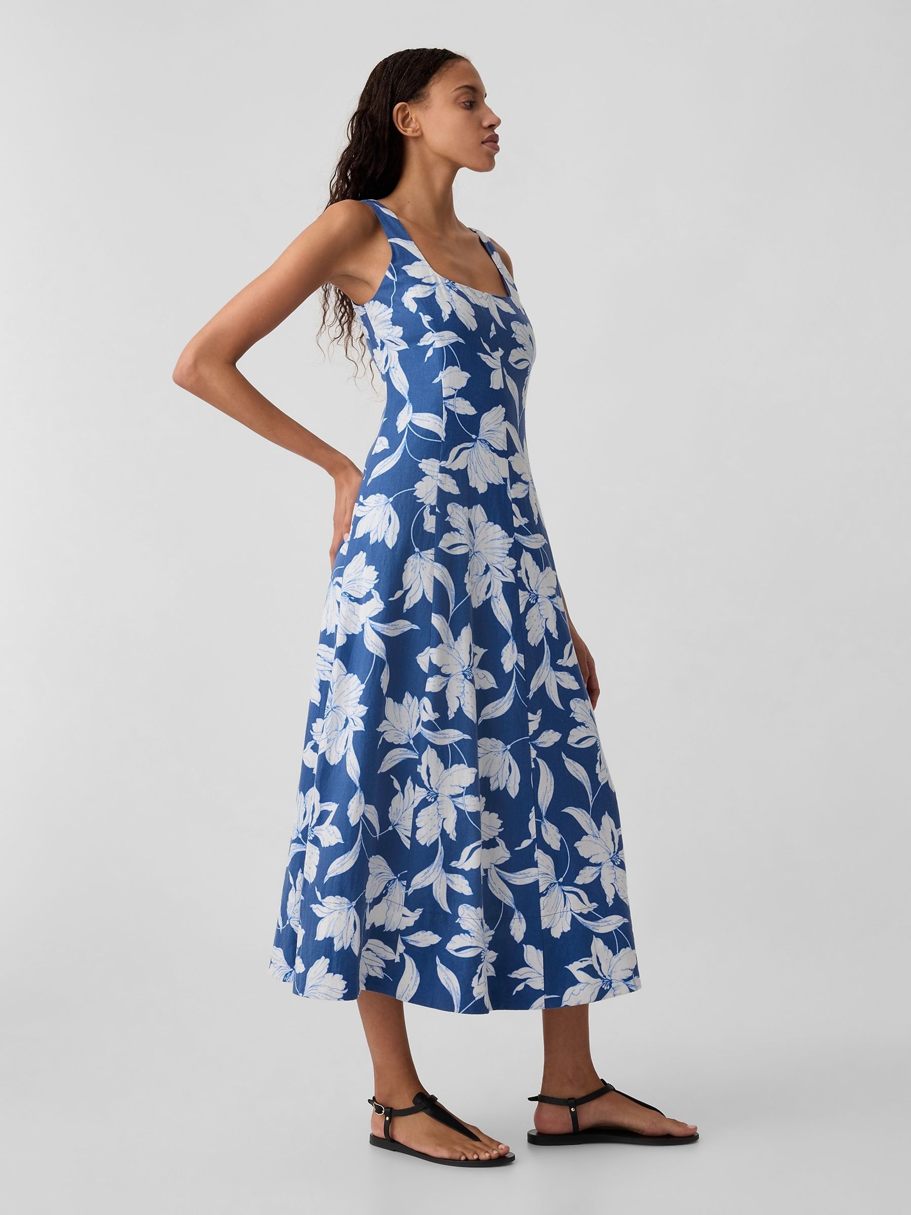 Blue Floral Linen Blend Square Neck Midi Dress - Image 3 of 5