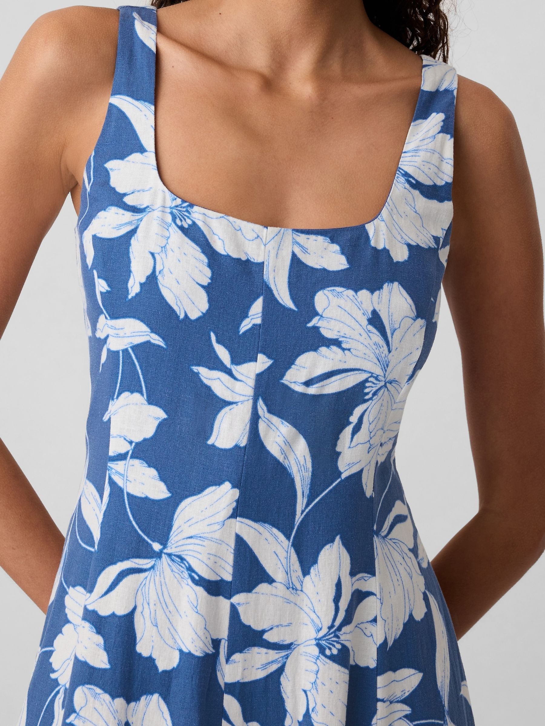Blue Floral Linen Blend Square Neck Midi Dress - Image 4 of 5