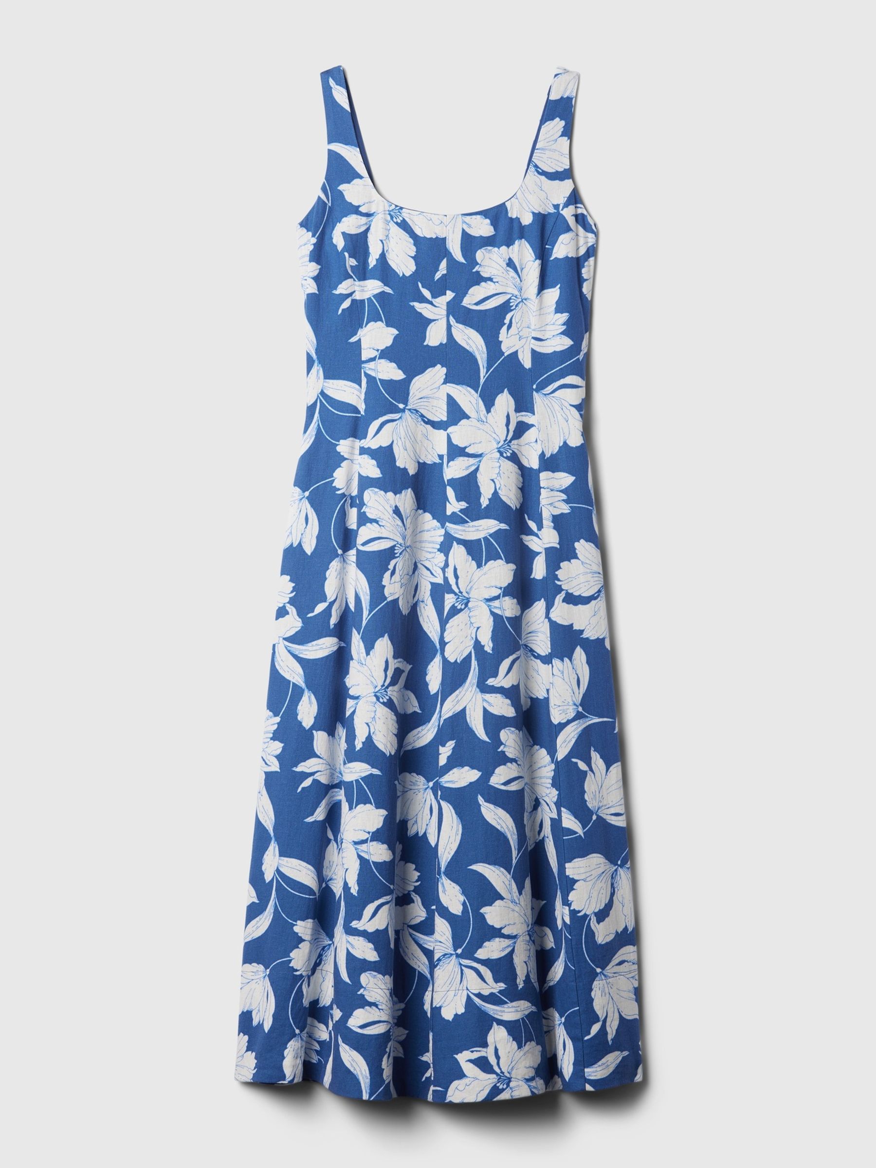 Blue Floral Linen Blend Square Neck Midi Dress - Image 5 of 5