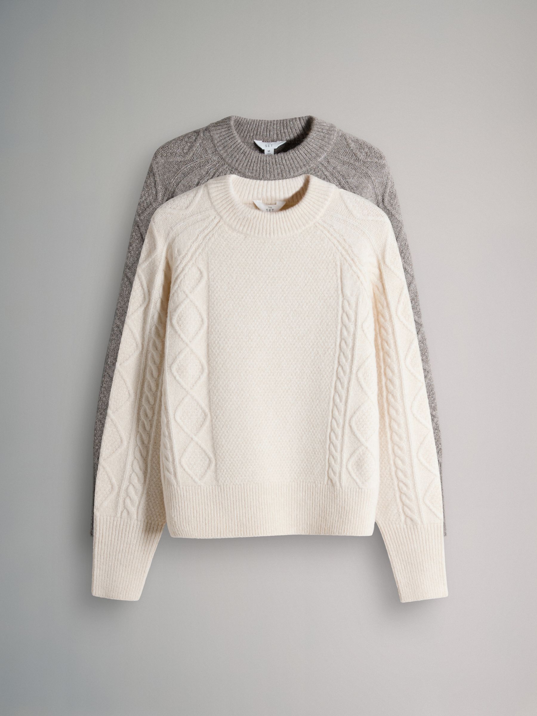 2 Pack Knitted Cable Jumpers With Wool Cream/Light Brown Marl - Image 2 of 6