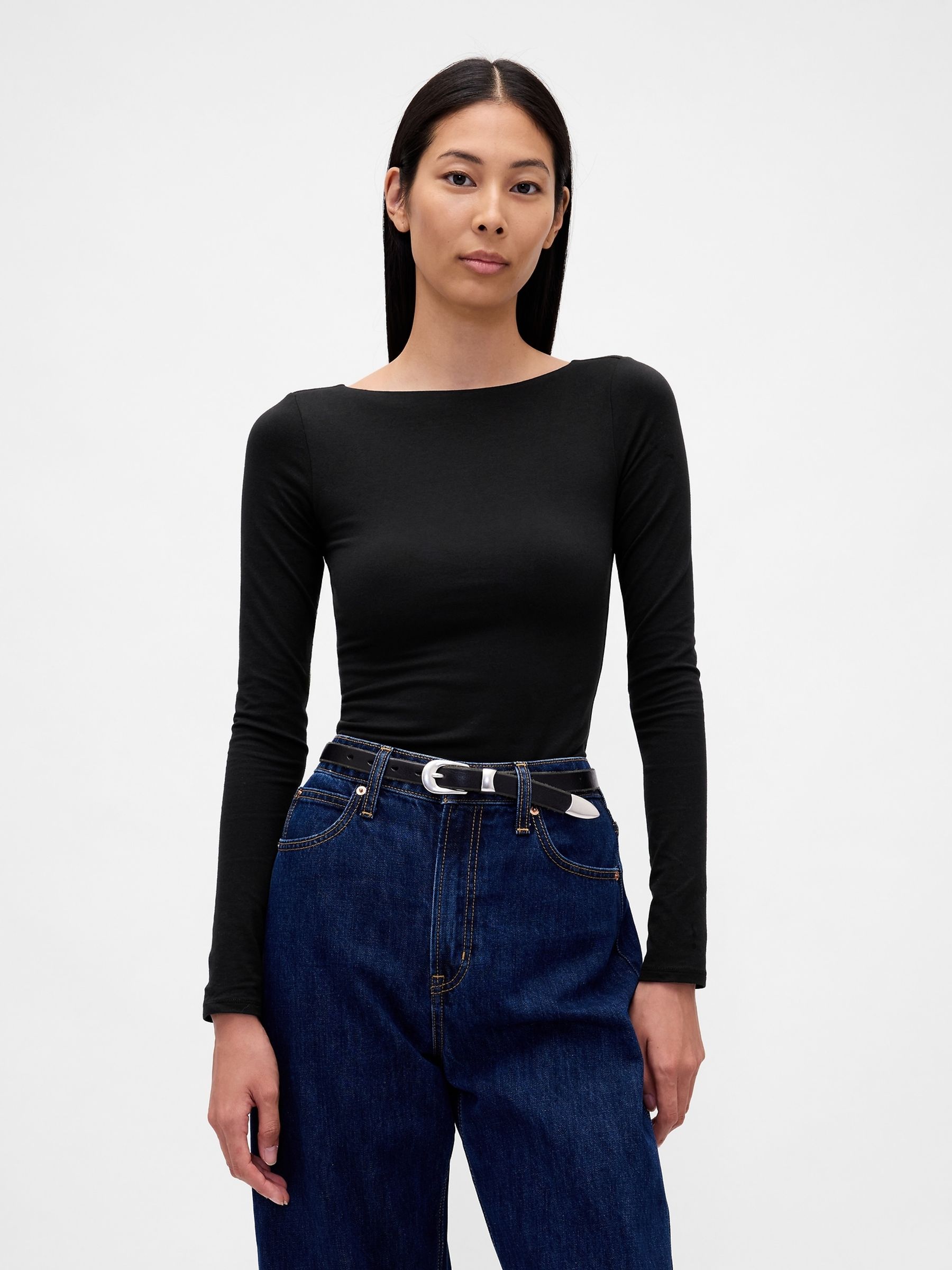 Black CloseKnit Jersey Boatneck Open-Back T-Shirt - Image 1 of 4