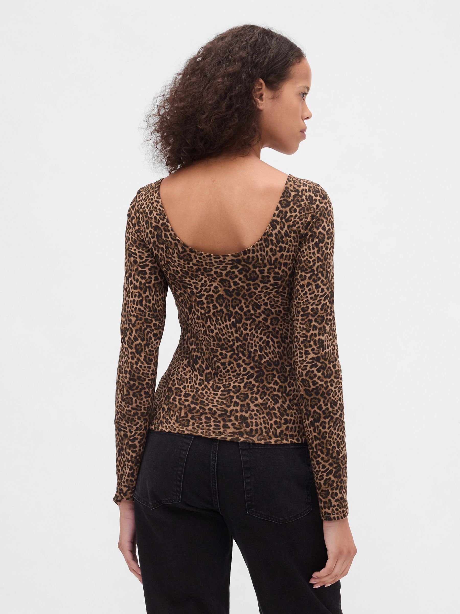 Leopard Print Brown CloseKnit Jersey Boatneck Open-Back T-Shirt - Image 2 of 4