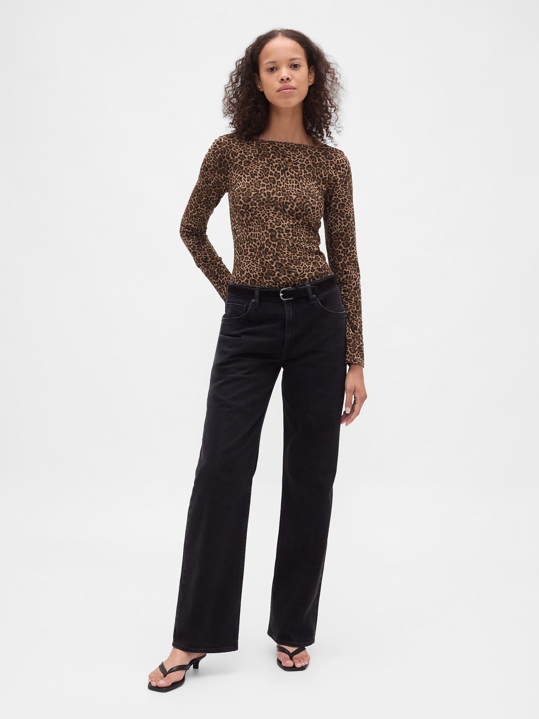Leopard Print Brown CloseKnit Jersey Boatneck Open-Back T-Shirt - Image 3 of 4