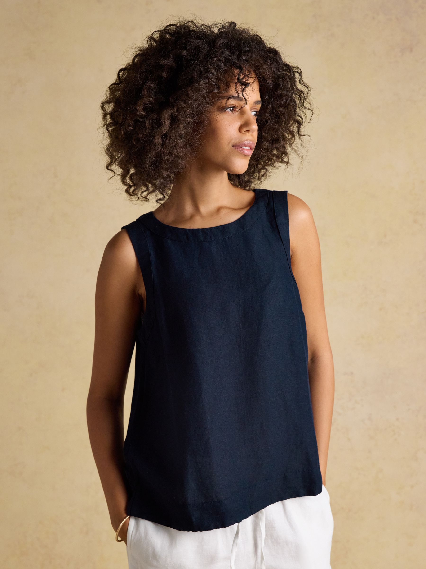 Cove Navy Round Neck Sleeveless Linen Blend Top - Image 1 of 6