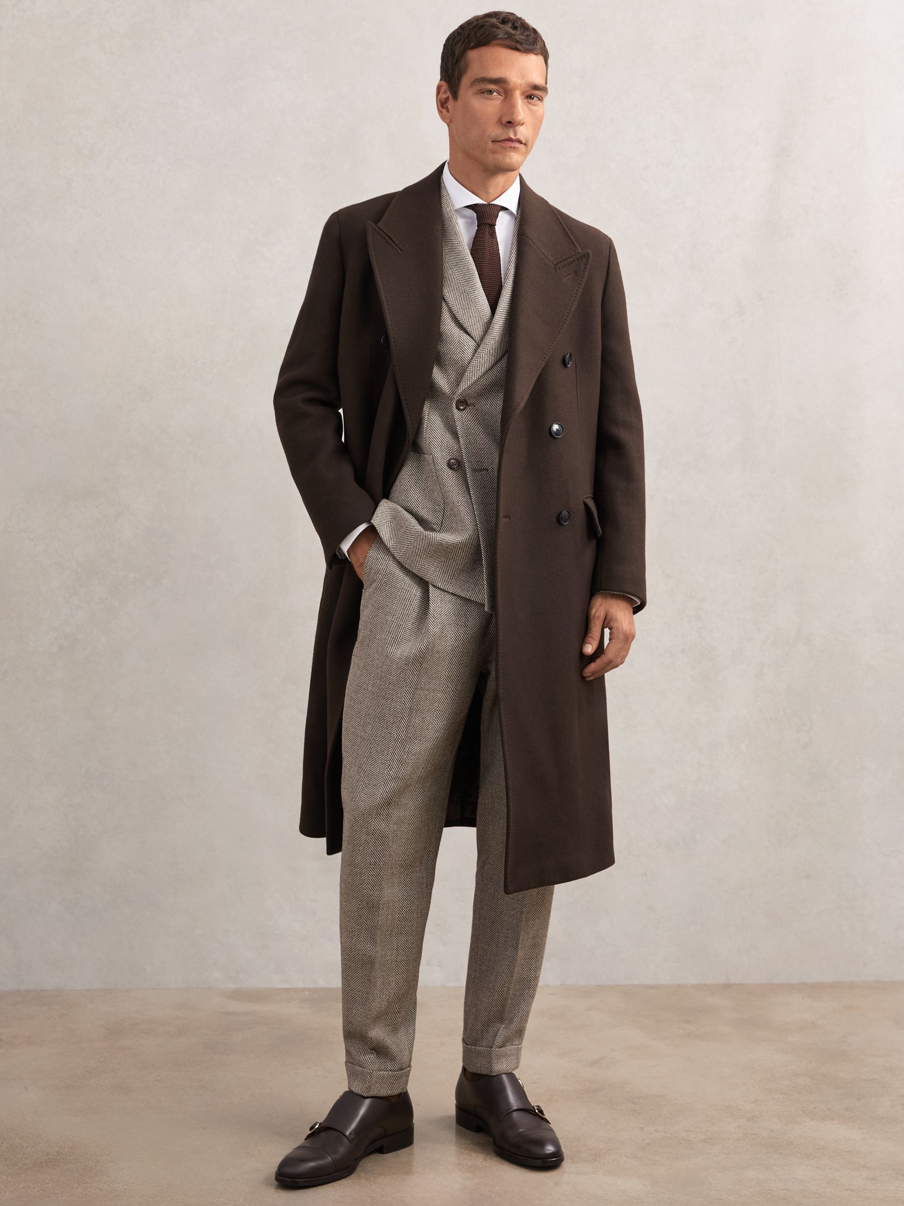 Wool-Blend Herringbone Trousers Tailored-Fit in Brown - Billede 1 af 7