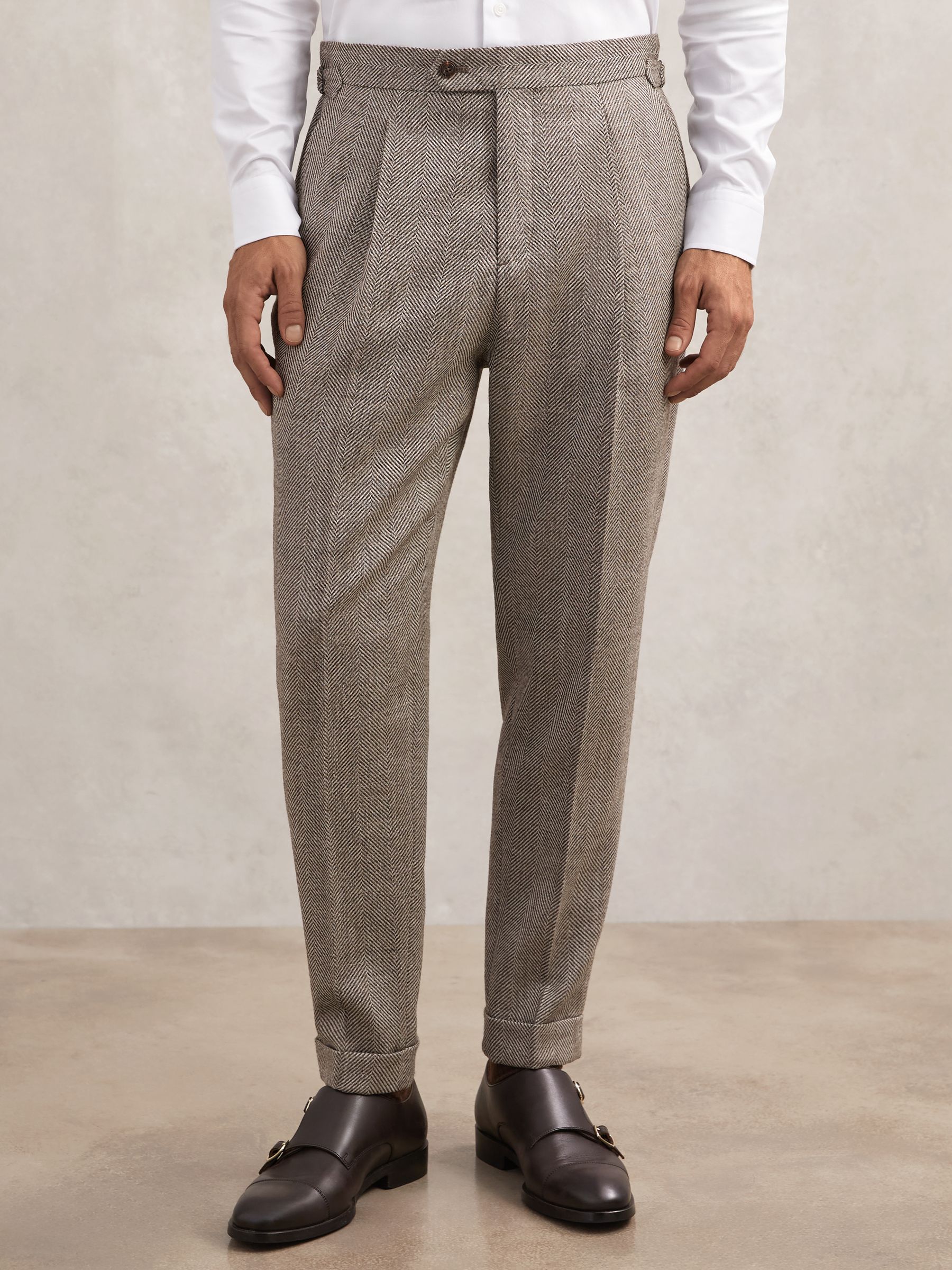 Reiss Wool-Blend Herringbone Trousers Tailored-Fit in Brown | REISS
