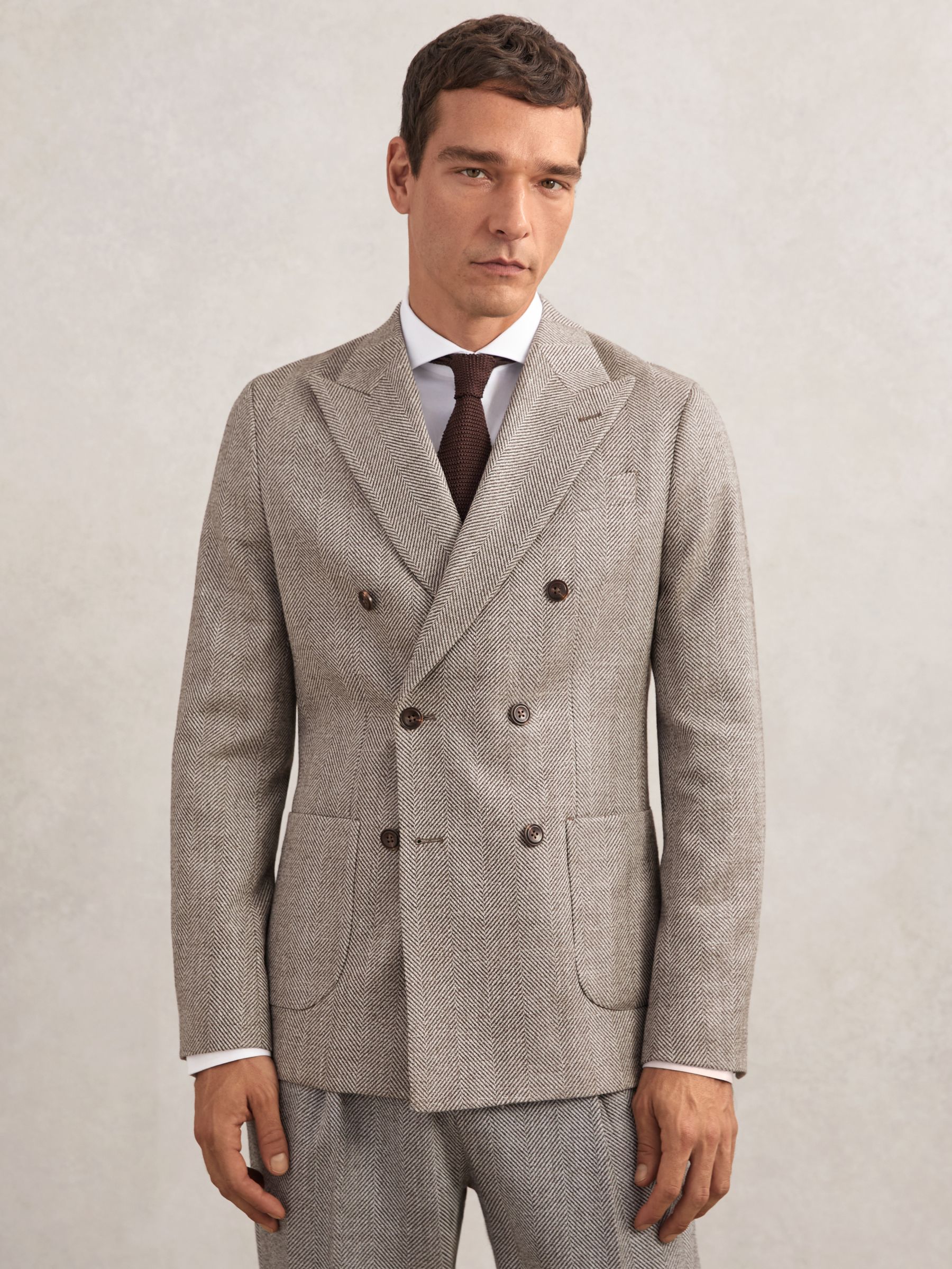 Double-Breasted Herringbone Blazer Tailored-Fit Wool-Blend in Brown - image 2