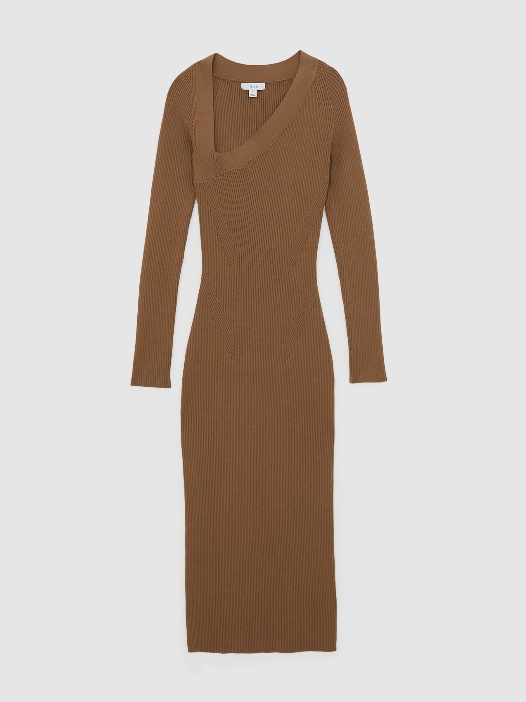 Asymmetric-Neck Rib-Knit Midi Dress in Camel - Image 2 of 6