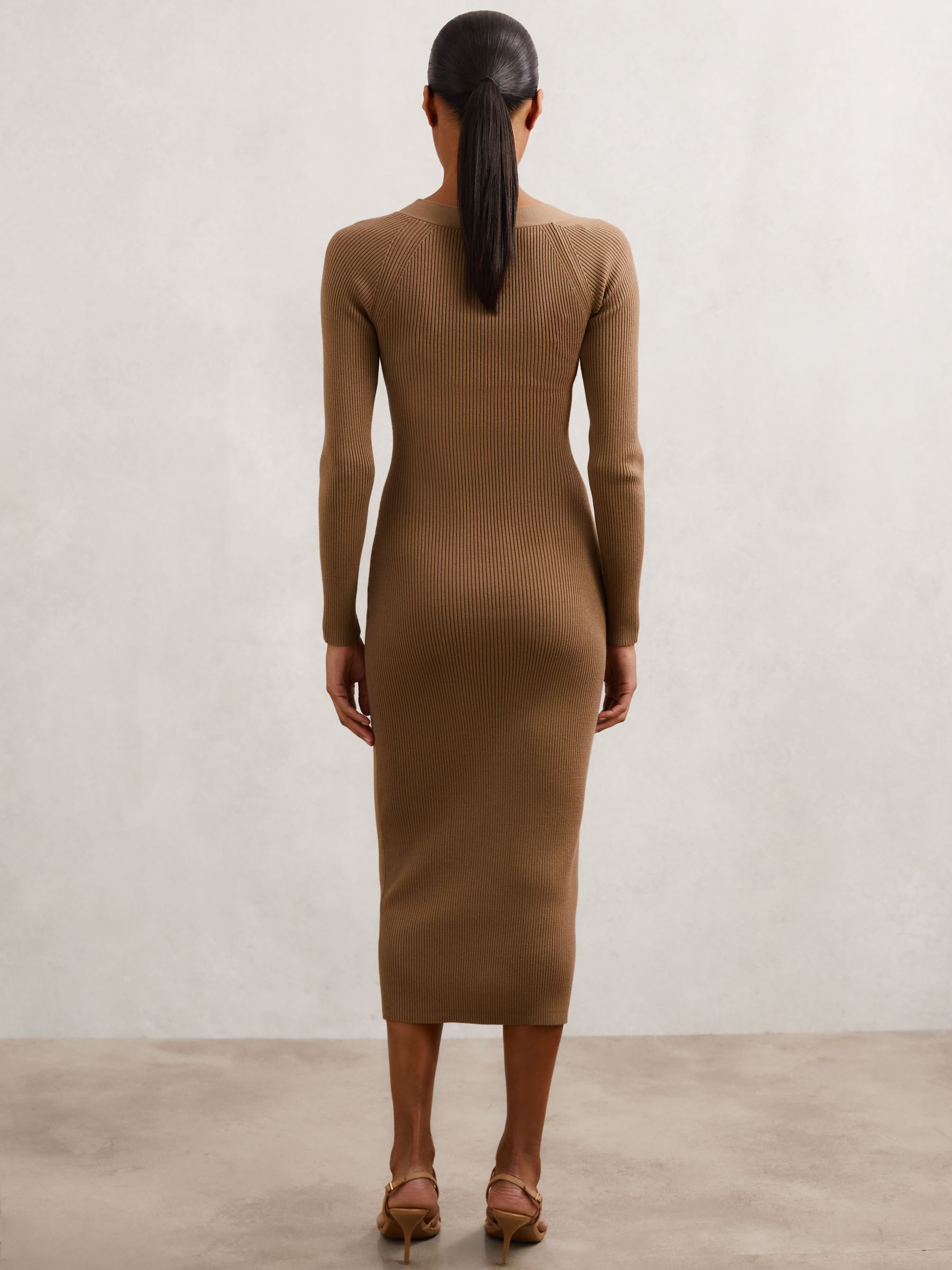Asymmetric-Neck Rib-Knit Midi Dress in Camel - Image 5 of 6