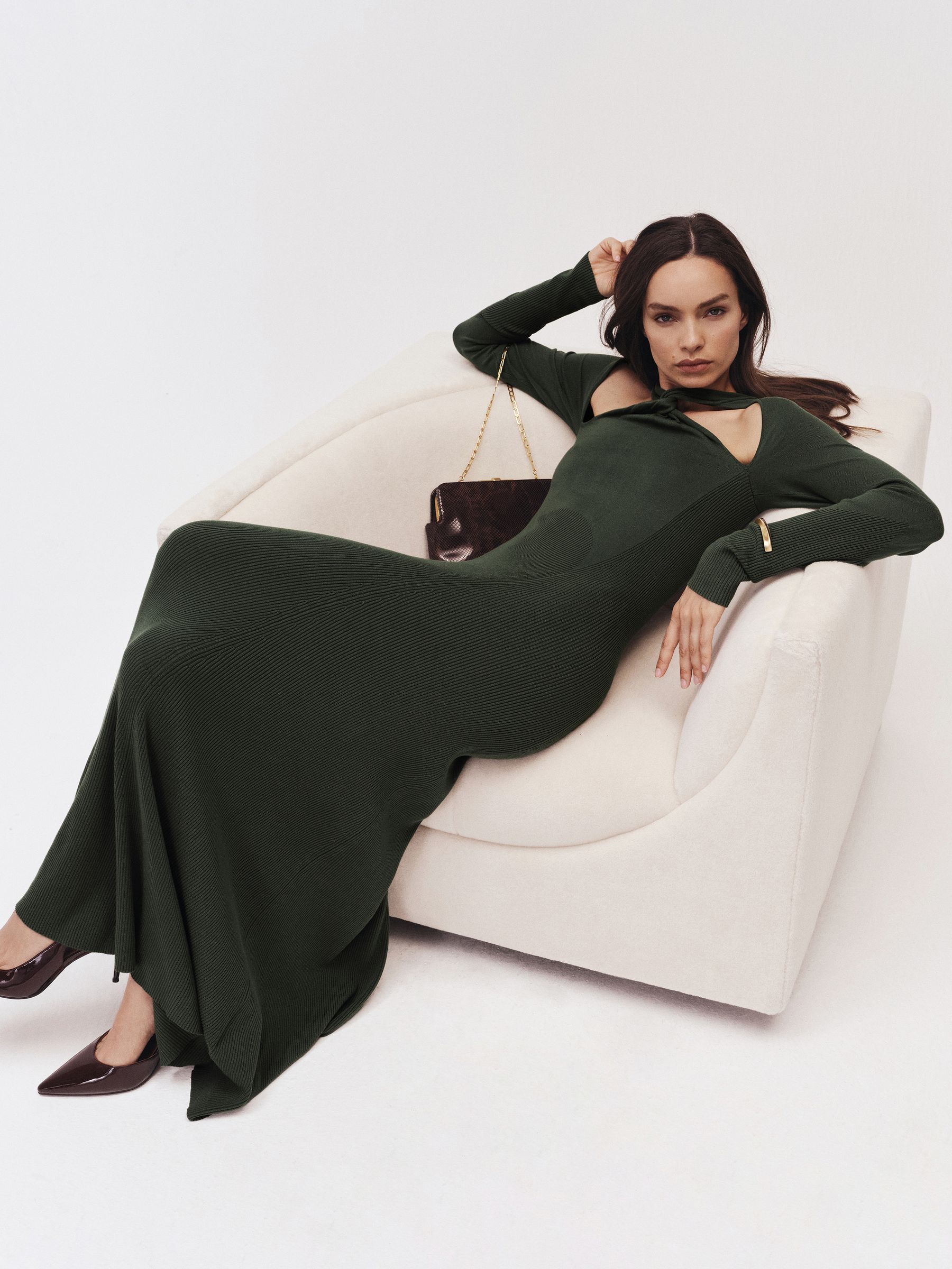 Cut-Out Knitted Maxi Dress in Dark Green - Image 1 of 7