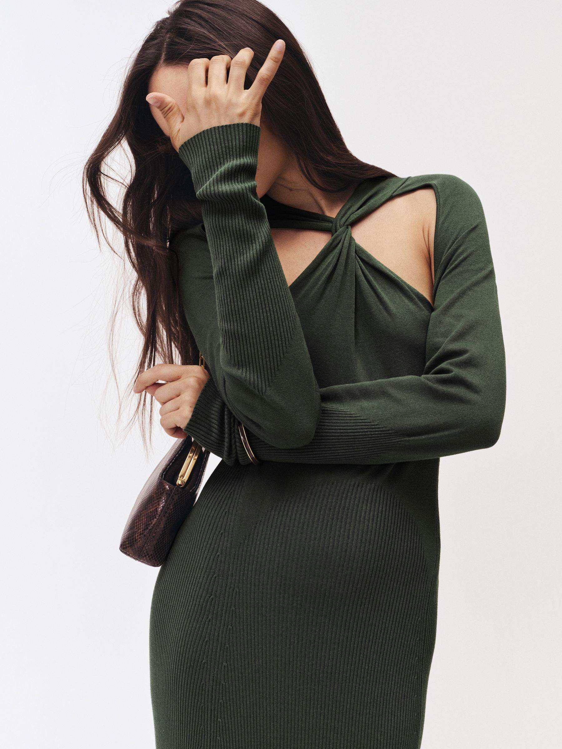 Cut-Out Knitted Maxi Dress in Dark Green - Image 3 of 7