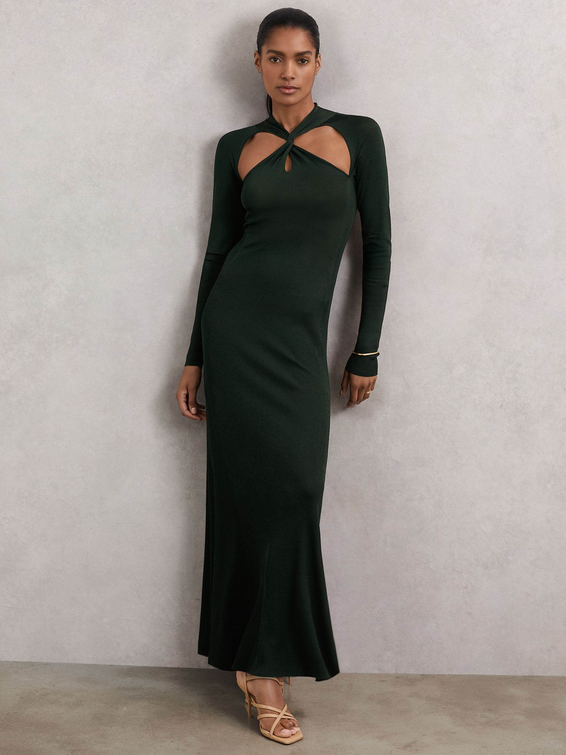 Cut-Out Knitted Maxi Dress in Dark Green - Image 4 of 7