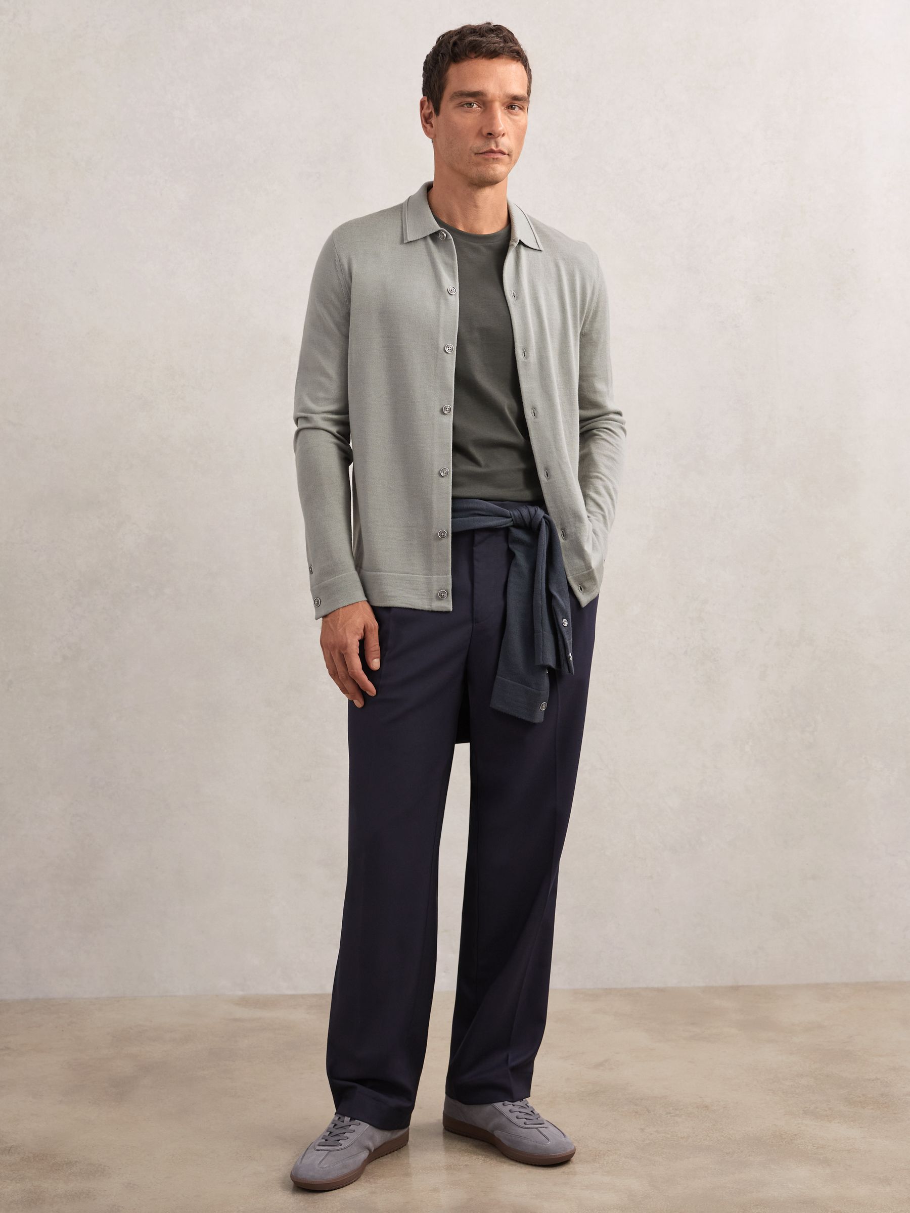 Vlněný kardigan se zapínáním na knoflíky z merino vlny v barvě Archer Zelená - Obrázek 3 z 6