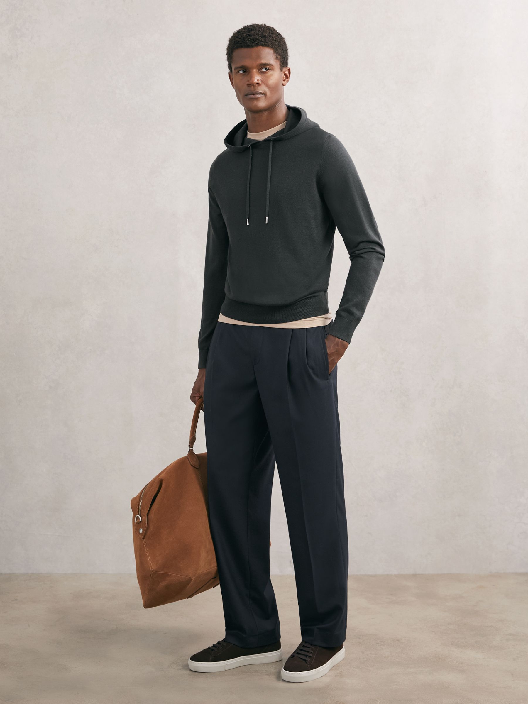 Merino Wool Drawstring Hoodie in Bottle Green - Image 3 of 6