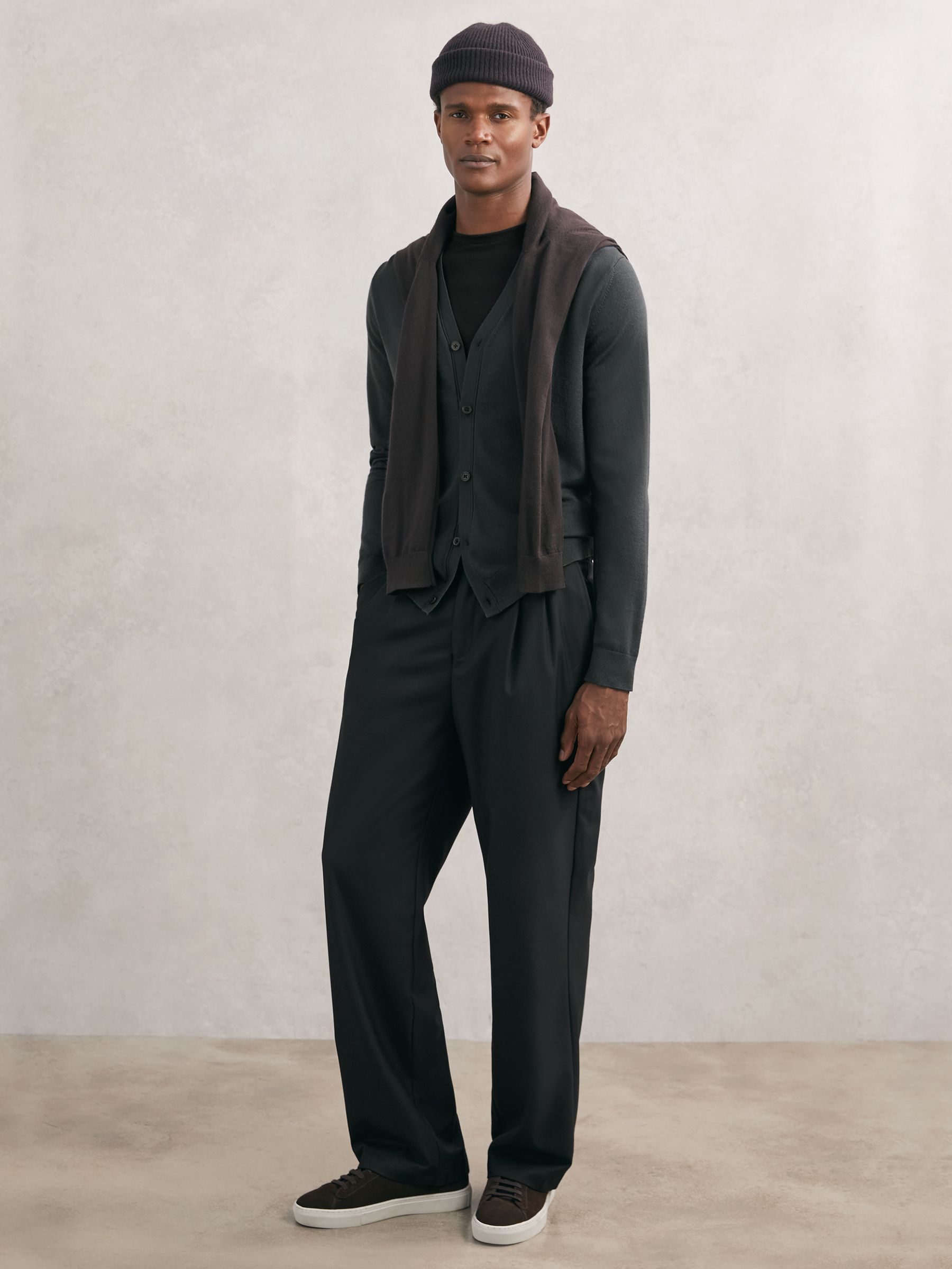 Merino Wool Button-Through Cardigan in Bottle Green - Image 3 of 6