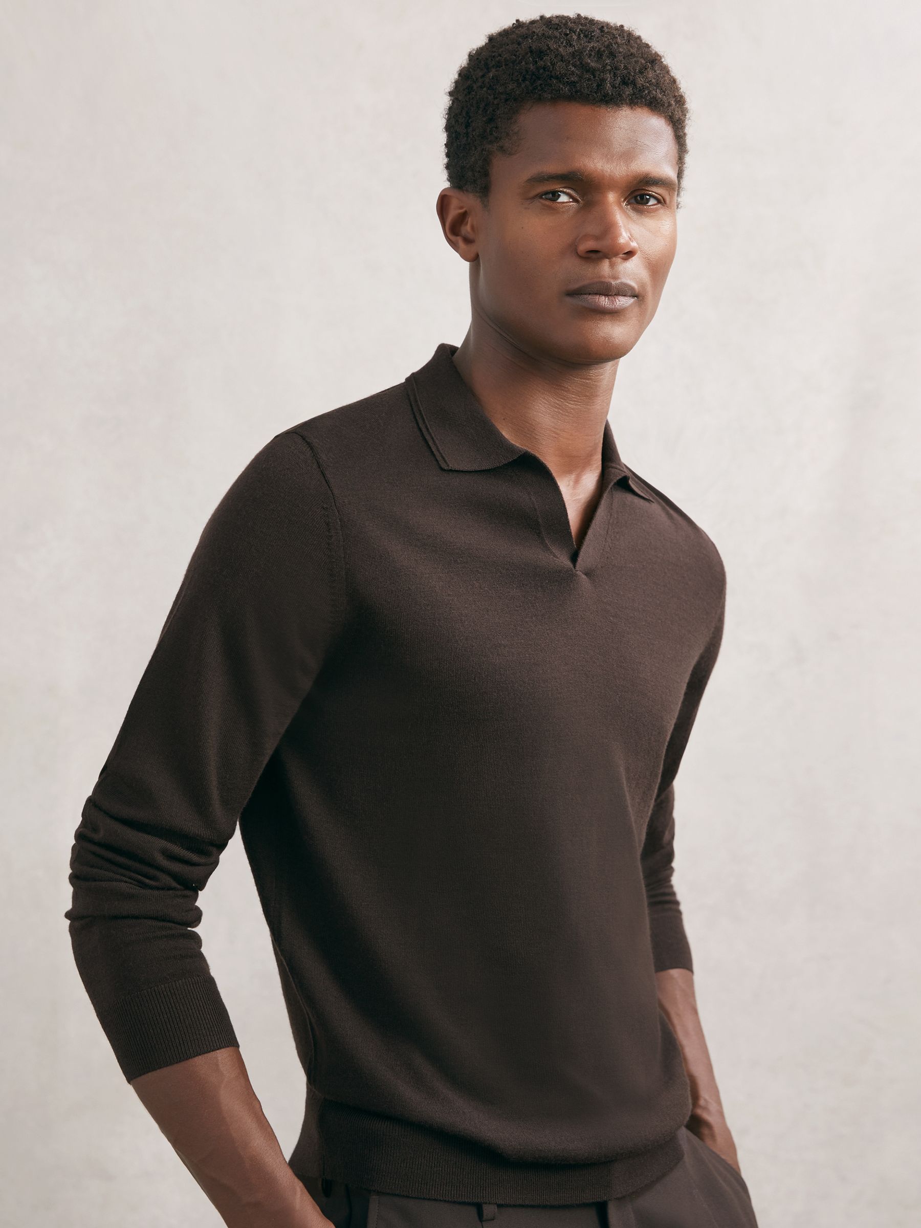 Reiss Wool Open-Collar Polo Shirt in Chocolate Brown | REISS