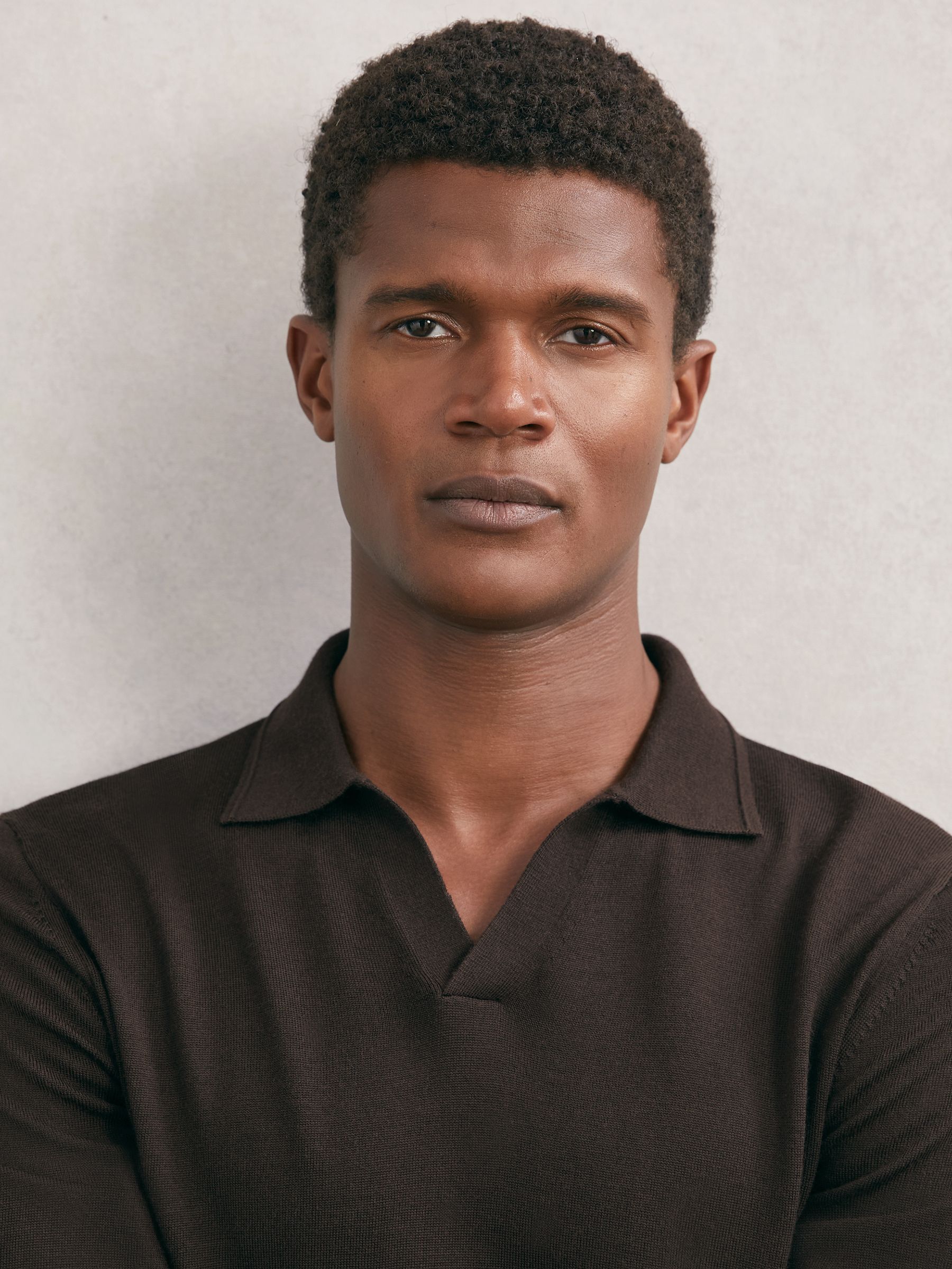 Merino Wool Open-Collar Polo Shirt in Chocolate Brown - Image 4 of 6